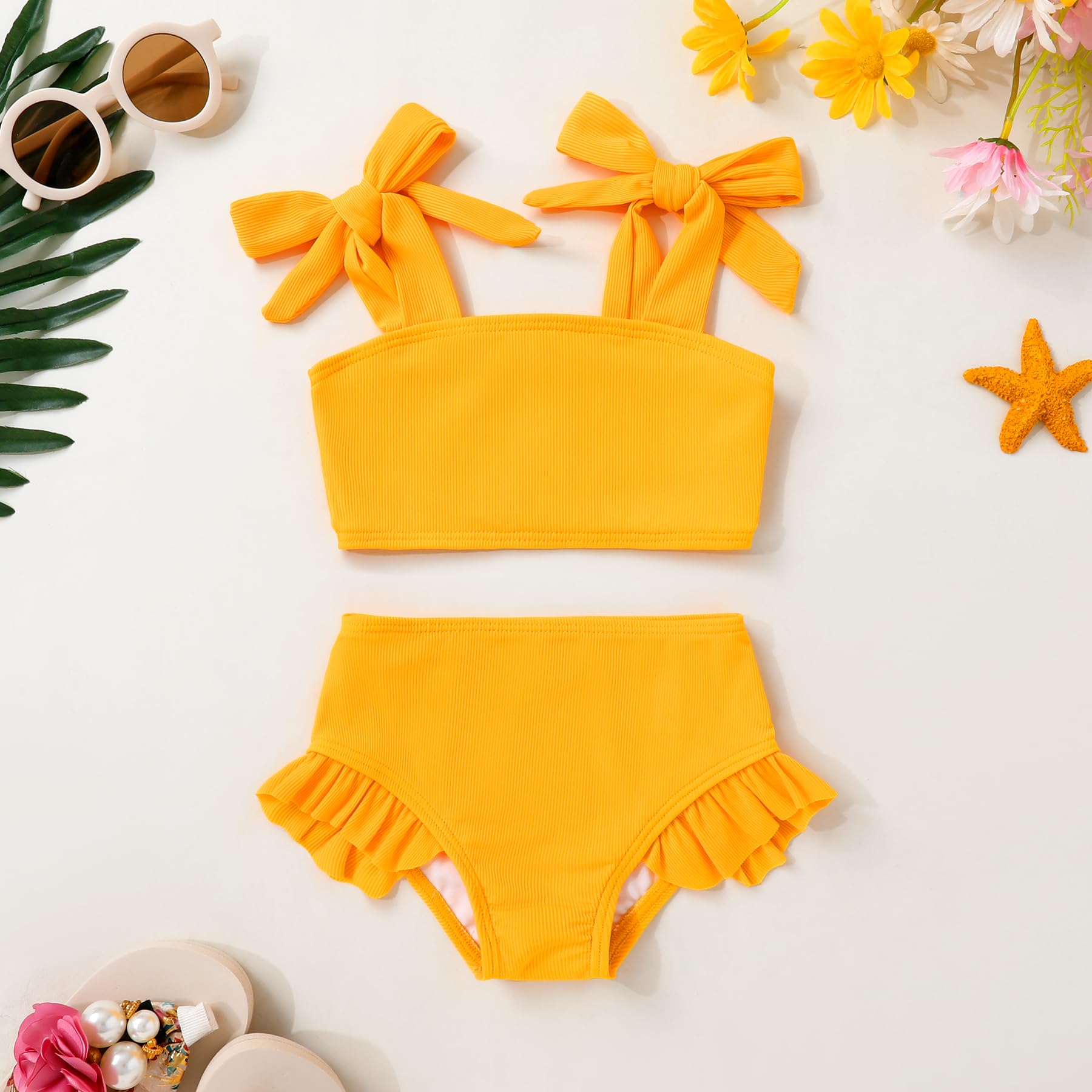YOUNGER TREE Toddler Baby Girls Swimsuit Two Piece Solid Color Stripe Swimwear Summer Beach Bikini Bathing Suit 18M-6T(Yellow 3-4T)