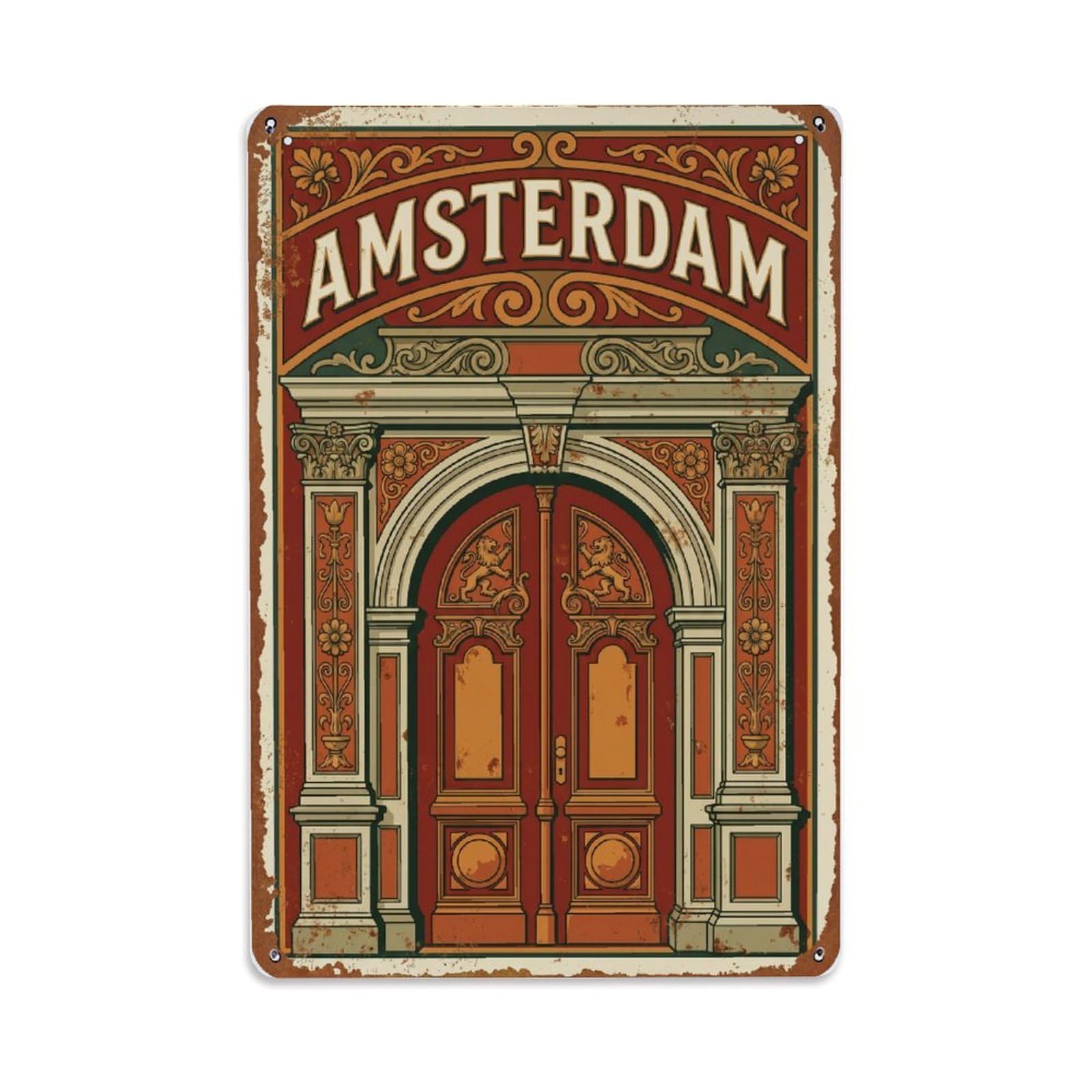 Vintage Travel Doorway Netherlands Ornate Metal Tin Sign Plaque Wall Decor for Cafe, Club Bar, Office, Home Garden Metal Poster 8x12Inch