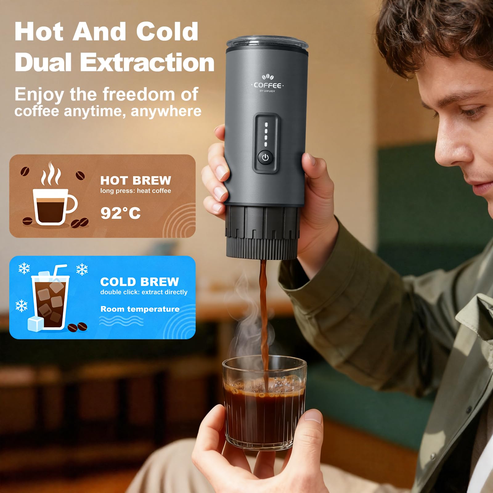 Cafetera portátil, juego de máquina de café espresso eléctrica 3 en 1, cafetera recargable de autocalentamiento con bolsa de transporte y soporte de café para oficina, camping, senderismo