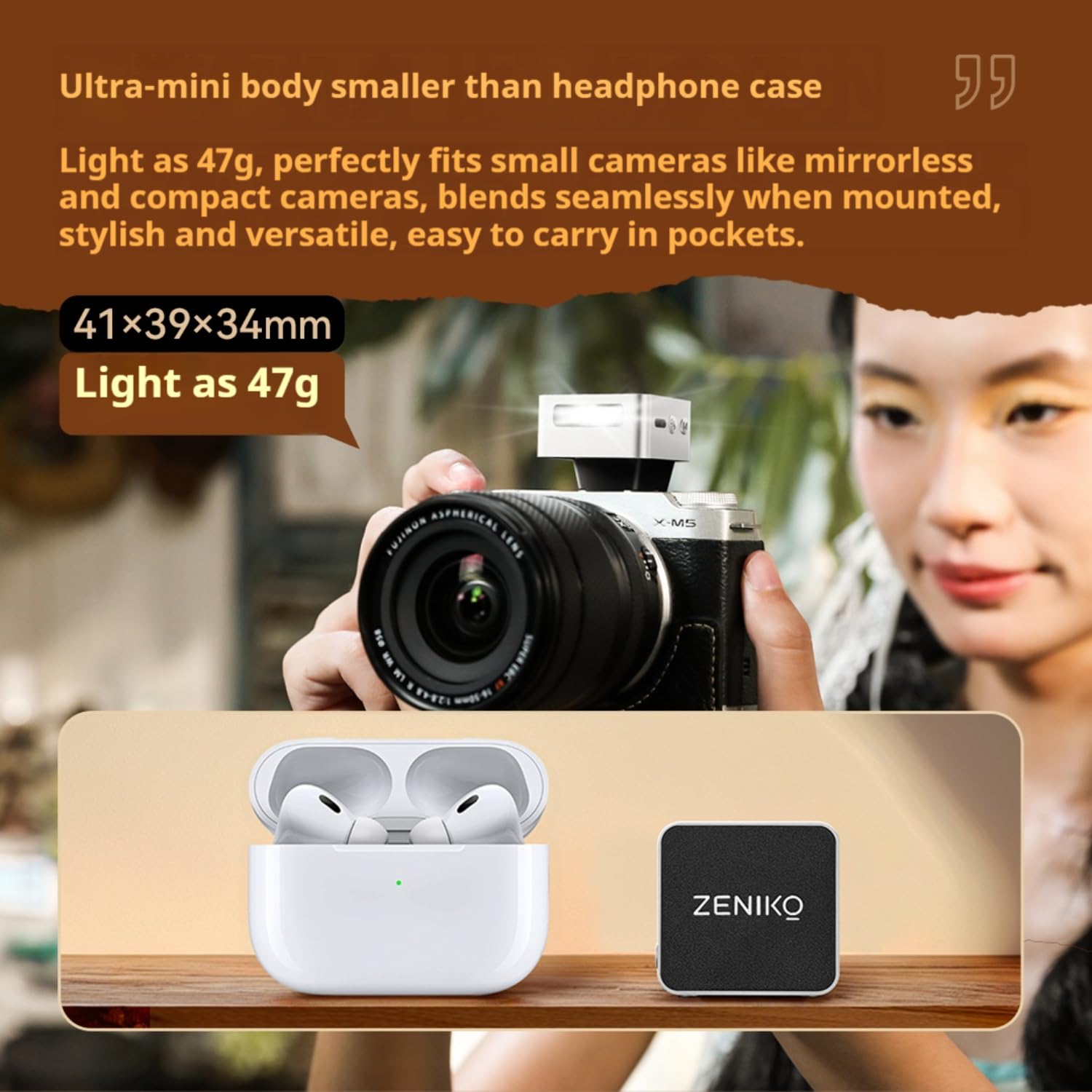 ZENIKO ZT08 F - Mini flash TTL per fotocamere Fuji da 47 g, ricarica USB-C, grandangolo da 28 mm, design retrò con display OLED, 740 flash completo, compatto e facile da viaggiare (argento)