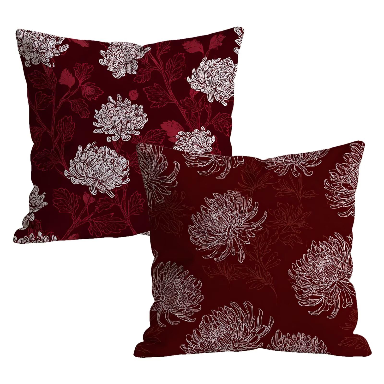 Fundas de cojín 80x80 cm de lino rojo con flores para salón set de 2