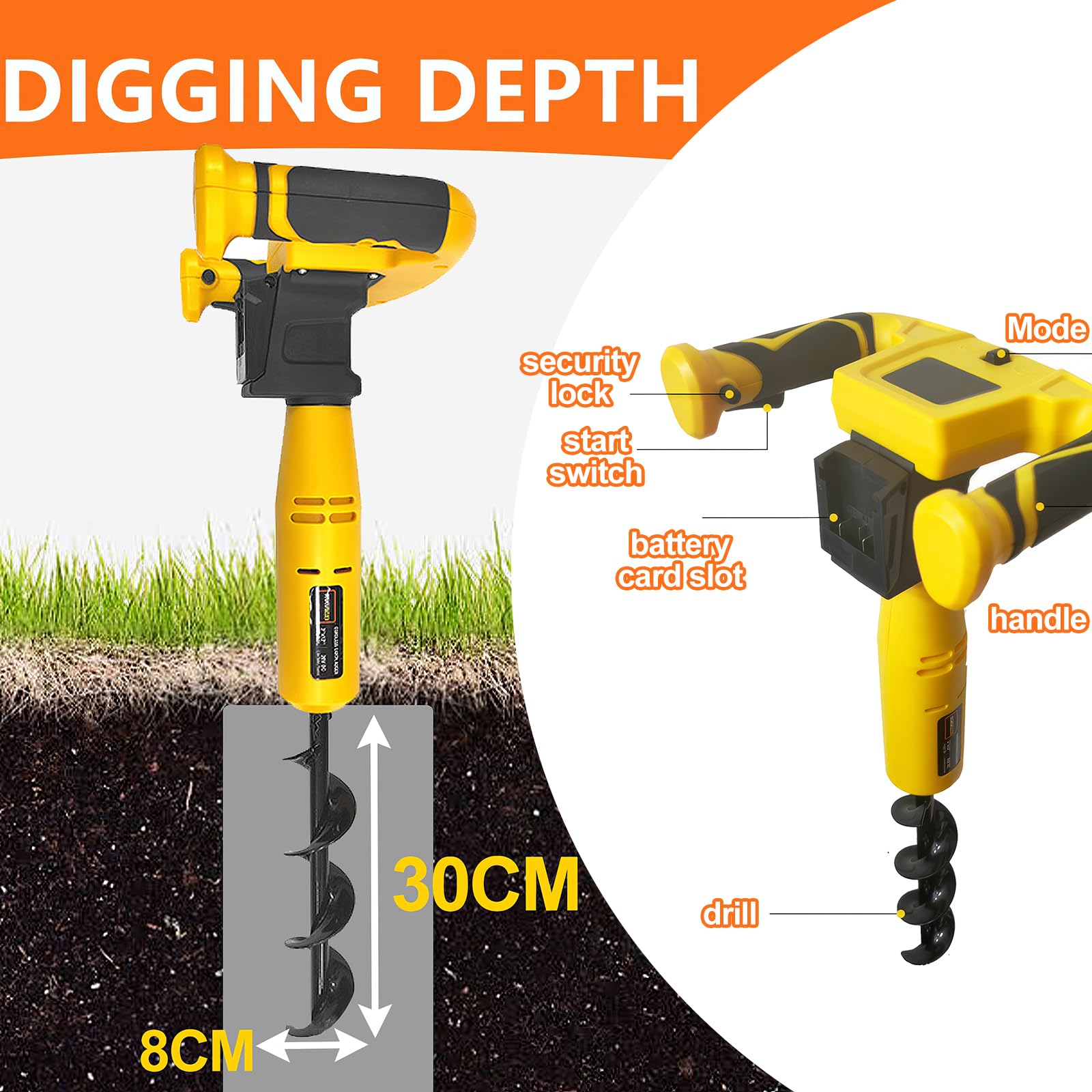 Excavadora de agujeros para postes, barrena para postes de valla inalámbrica para jardinería, herramientas excavadoras eléctricas para agujeros para postes, broca en espiral extendida para jardín