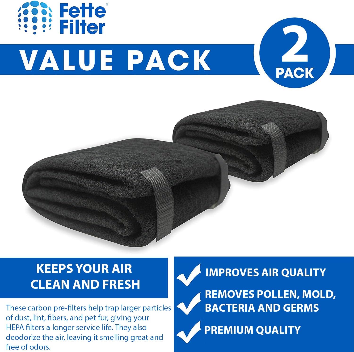 Fette Filter Pack of 2 Carbon Pre-Filter Rolls | Compatible with Honeywell HRF-AP1, Filter A – Makes Up To 8 Air Filters Each Roll | Universal Pre Filters Capture Impurities & Removes Odor