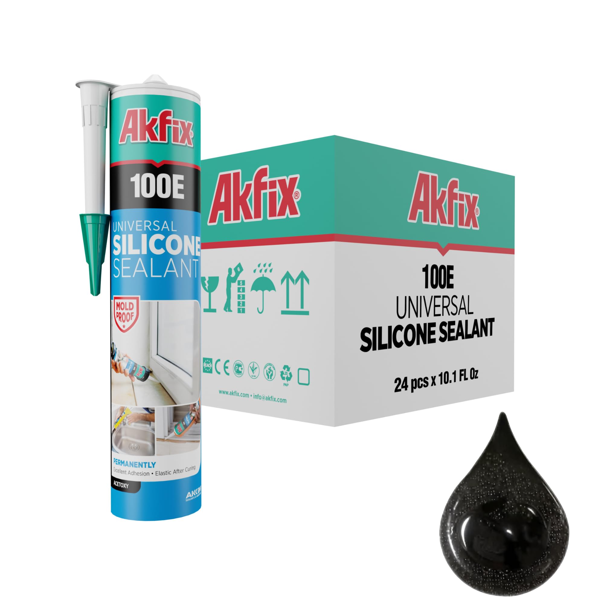 Akfix 100E RTV Black Silicone Caulk (24x10.1 fl.oz.) - 100% Waterproof Silicone Sealant for Kitchen and Bathroom, Shower, Toilet, Sink, Window and Door, UV Resistant, Flexible | Black, 24 Pack
