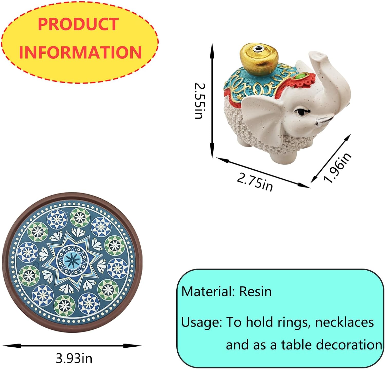 The Resin Jewelry Stand With Elephant Design And Jewelry Tray Is Suitable For Holding Rings, Necklaces And Small Accessories. It Is A Decorative Piece For The Tabletop.