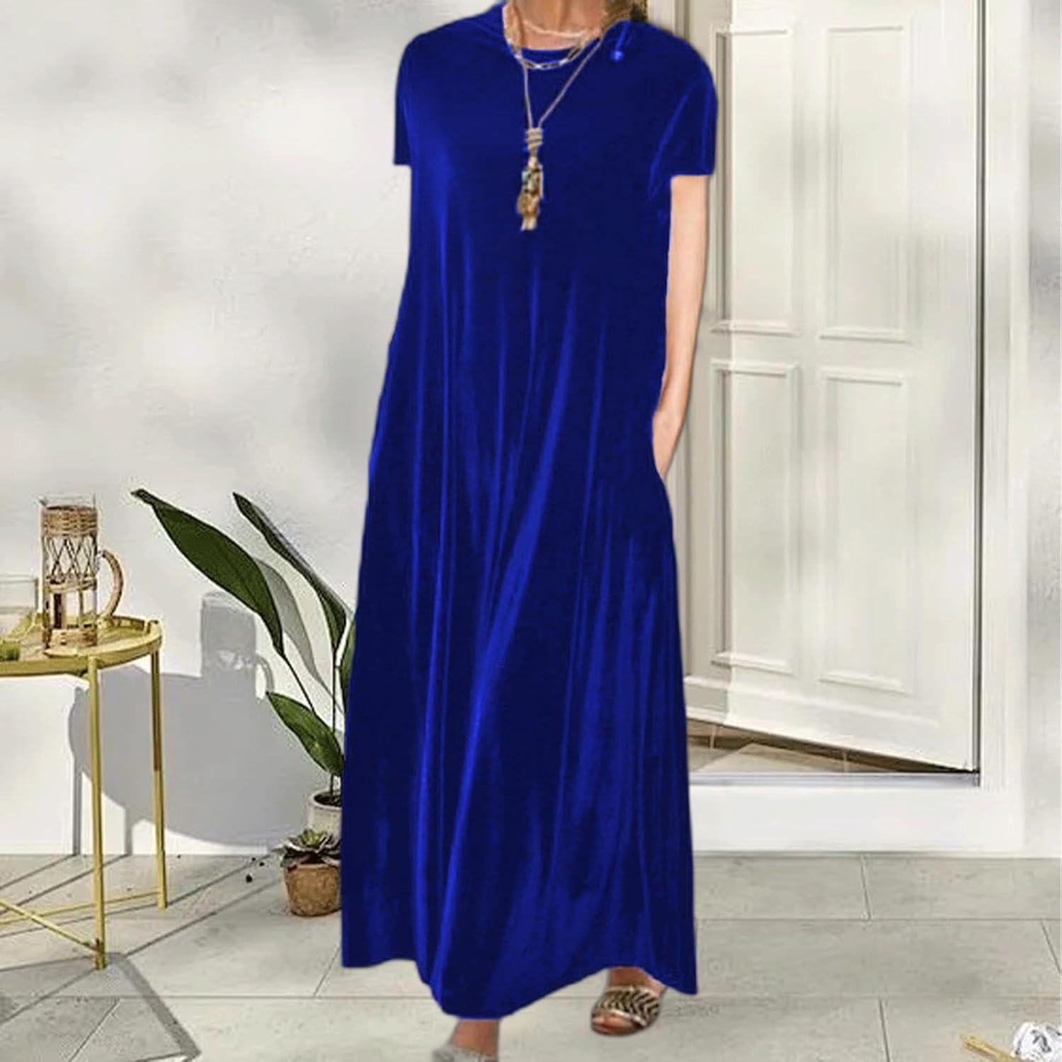 Velvet Long Sleeve Maxi Dress for Women Fall Wedding Guest Cocktail Dresses Loose Fit Crew Neck Flowy Plus Size - Image 4