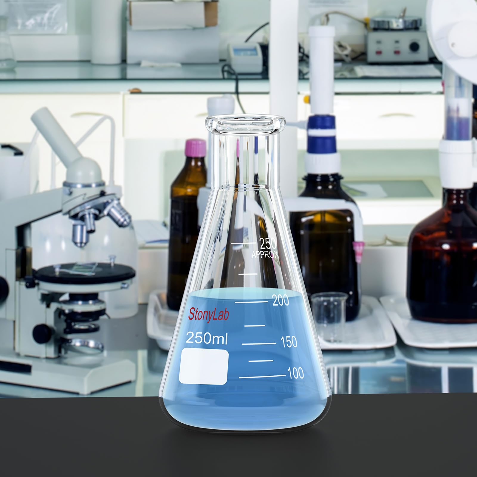 stonylab 1-Paquete 250ml Matraz Erlenmeyer de Boca Estrecha, Erlenmeyer Flasks de Cristal de Pared Gruesa con Borde de Alta Resistencia - (250ml Ajusta con el Tapón de Goma StonyLab 7#)