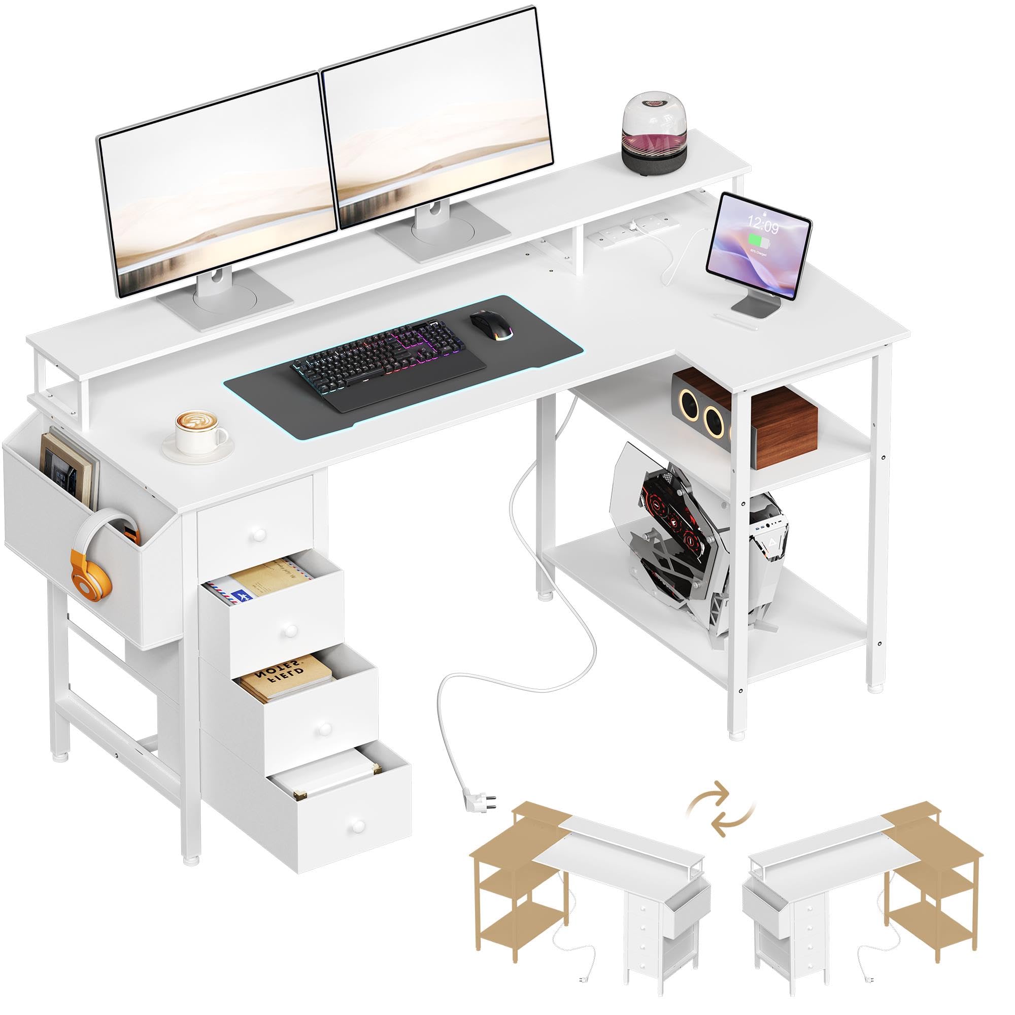 Yaheetech Corner Gaming Desk with Drawers, 140x70cm L Shaped Computer Desk with Power Outlets, Office Desk with Raised Monitor Stand, Reversible Storage Shelves for Home Office, White