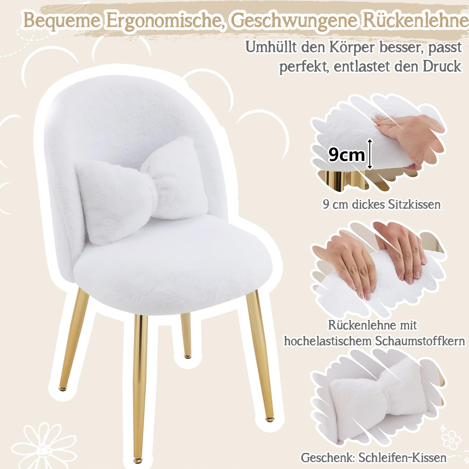 Bonnlo Schminkstuhl, Schminktisch Stuhl, Polstersessel, Kosmetikstuhl mit goldenen Metallbeinen & Schleifenkissen für Schlafzimmer, Wohnzimmer & Homeoffice, 48 x 55 x78,5 cm, Kunstfell, Weiß
