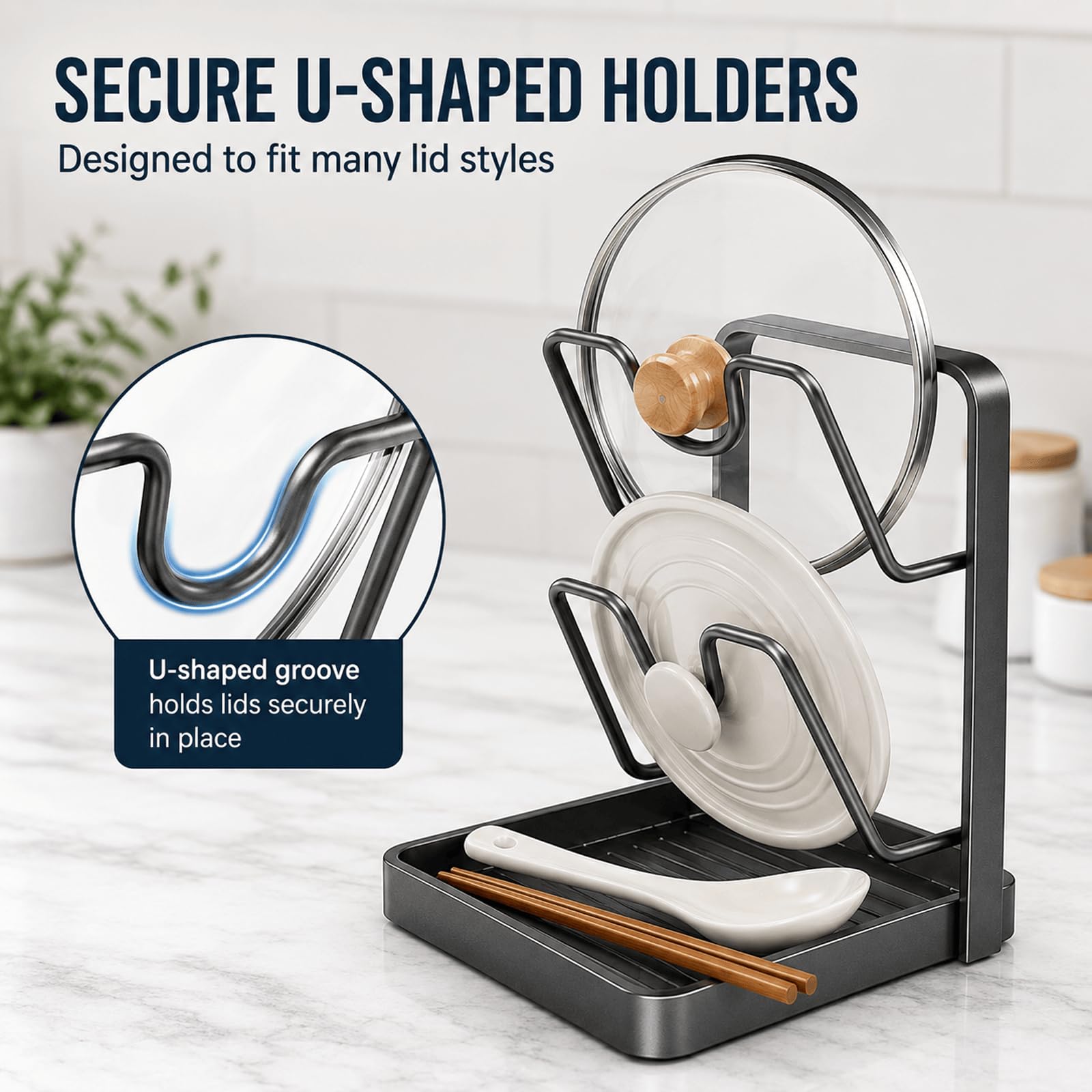 Multifunktionaler Topfdeckel Organizer, Kochlöffelablage und Schneidebrett Halter für Küche, kompakter Ständer für Deckel, Löffel, Spatel und Küchenhelfer,Beige- Three Floors