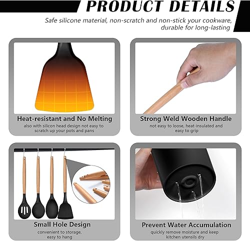 Miniatura 4 de HaWare Juego de utensilios de cocina de cocina, 23 piezas de silicona con soporte, mango de madera resistente al calor, utensilios de cocina