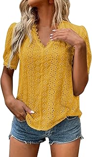 2025 - Camisa de manga corta con cuello en V hueco bordado sólido blusa túnica suelta top mujer blusa patrón serpiente