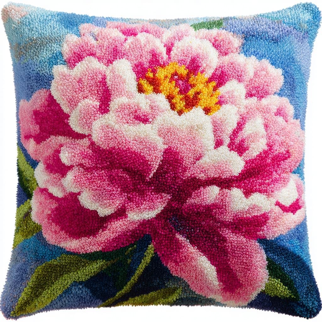 Taxpy Latch Hook Cushion Kits 17X17Inch, Peony Flowers Latch Hook Pillow Case Kits Embroidery Kit, DIY Needlework Pillow Cover Cushion Rug Making Kit