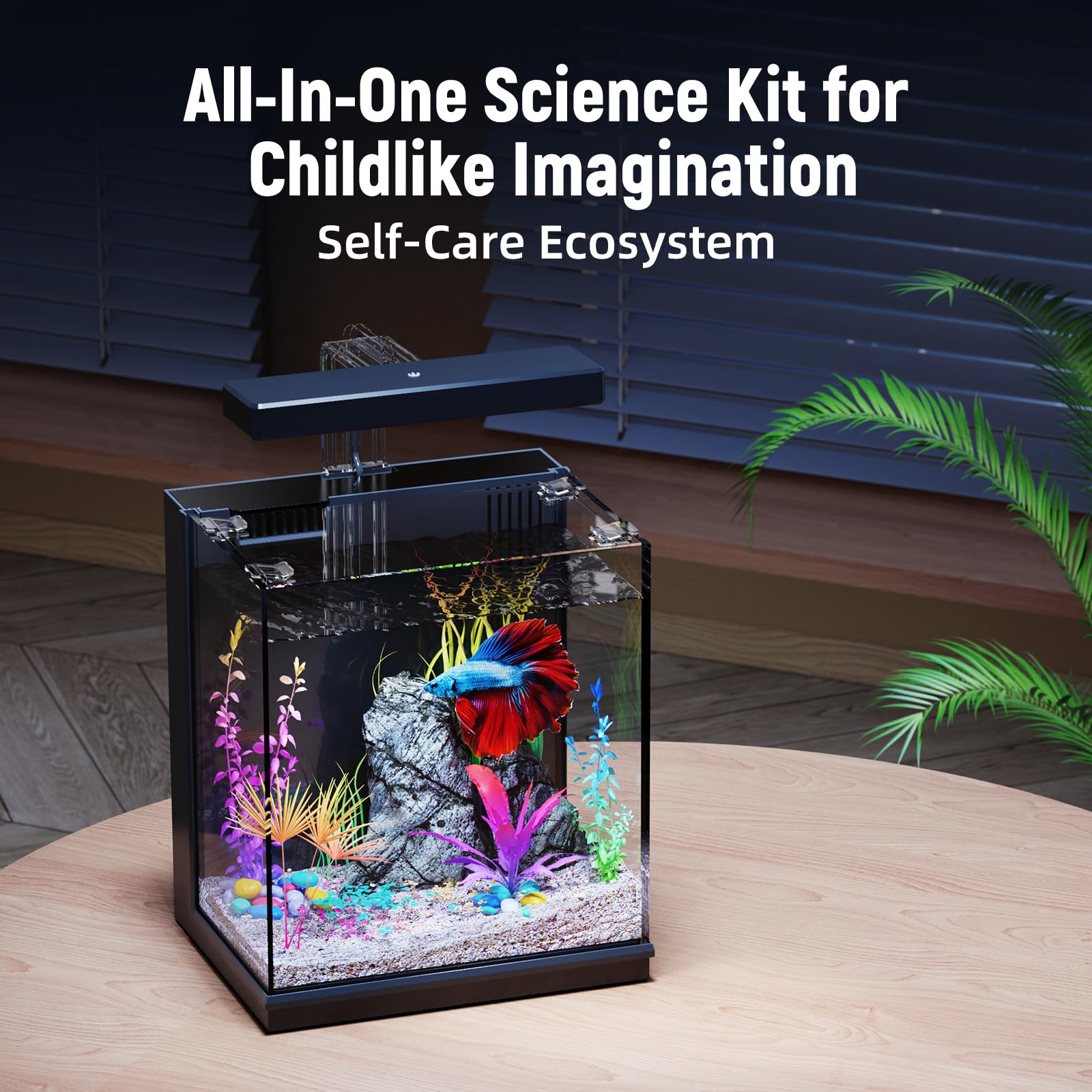 Betta Fish Tank, kit de acuario todo en uno de 2 galones con filtración y luz LED, acuario autolimpiante para principiantes, niños, regalos para hombres, adolescentes y niños