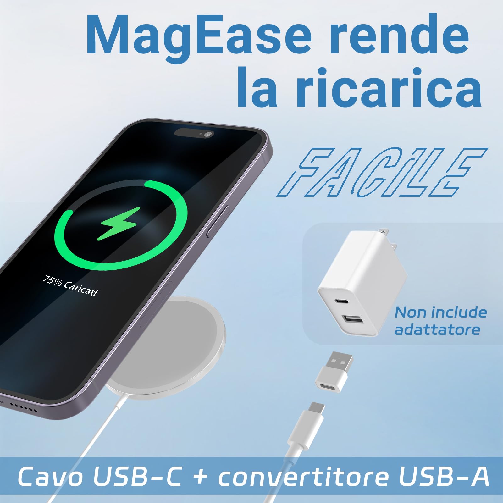Caricatore Mag safe, 15W Caricatore Wireless Magnetico,Caricatore Senza Fili Portatile Rapida Magnetico Caricabatterie compatibile iPhone 16/15/14/13/12 e Airpods 2/3/Pro/Pro2 (Bianco)