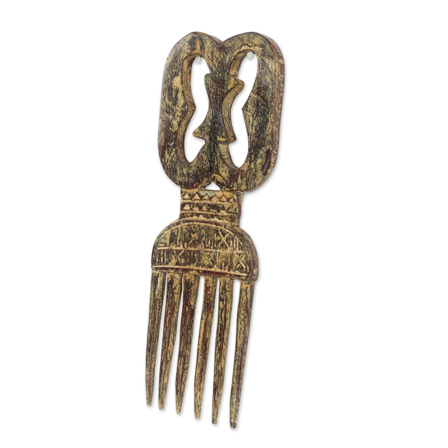 NOVICA Artisan Handmade Wood Comb Sese Decorative with Rustic Finish from Ghana Brown Wall Art Cultural [14.5in H x 5.25in W x 0.8in D] ' Adinkra Unity'