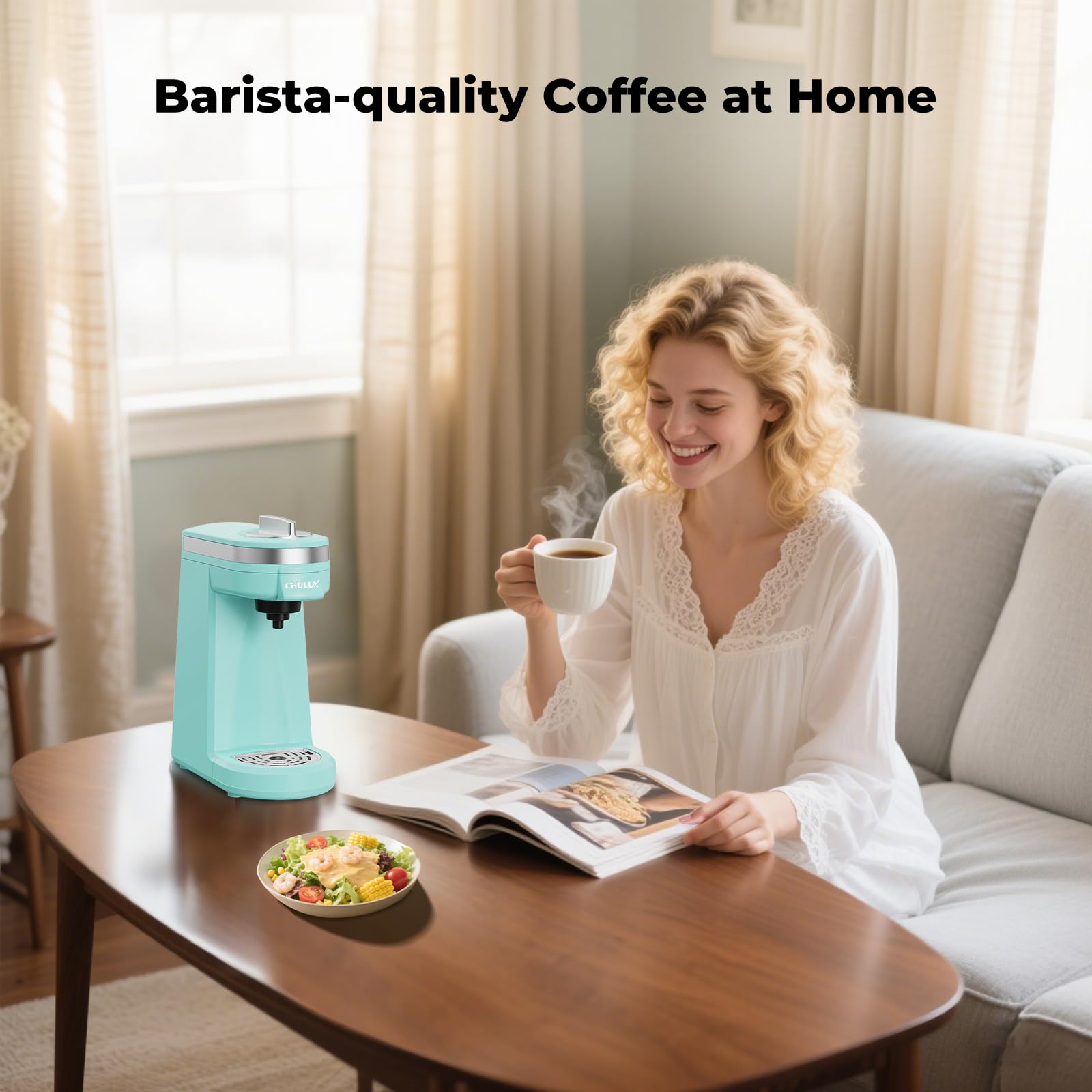 CHULUX Mini cafetera de viaje 2 en 1 para cápsula K, cafetera de porción única para taza americana, cafetera ligera en cápsulas, color aguamarina