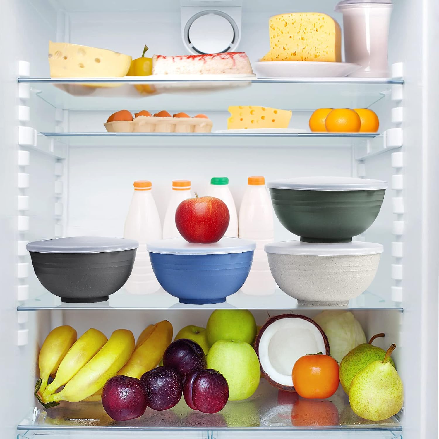 Shopwithgreen Wheat Straw Cereal Bowls with Dust-Proof Lid, Reusable Bowls for Kitchen, Set of 4, Microwave and Dishwasher Safe, for Soup, Oatmeal, Ramen, RV, Camping,College Dorm Room, 26 OZ, Coastal - Image 3