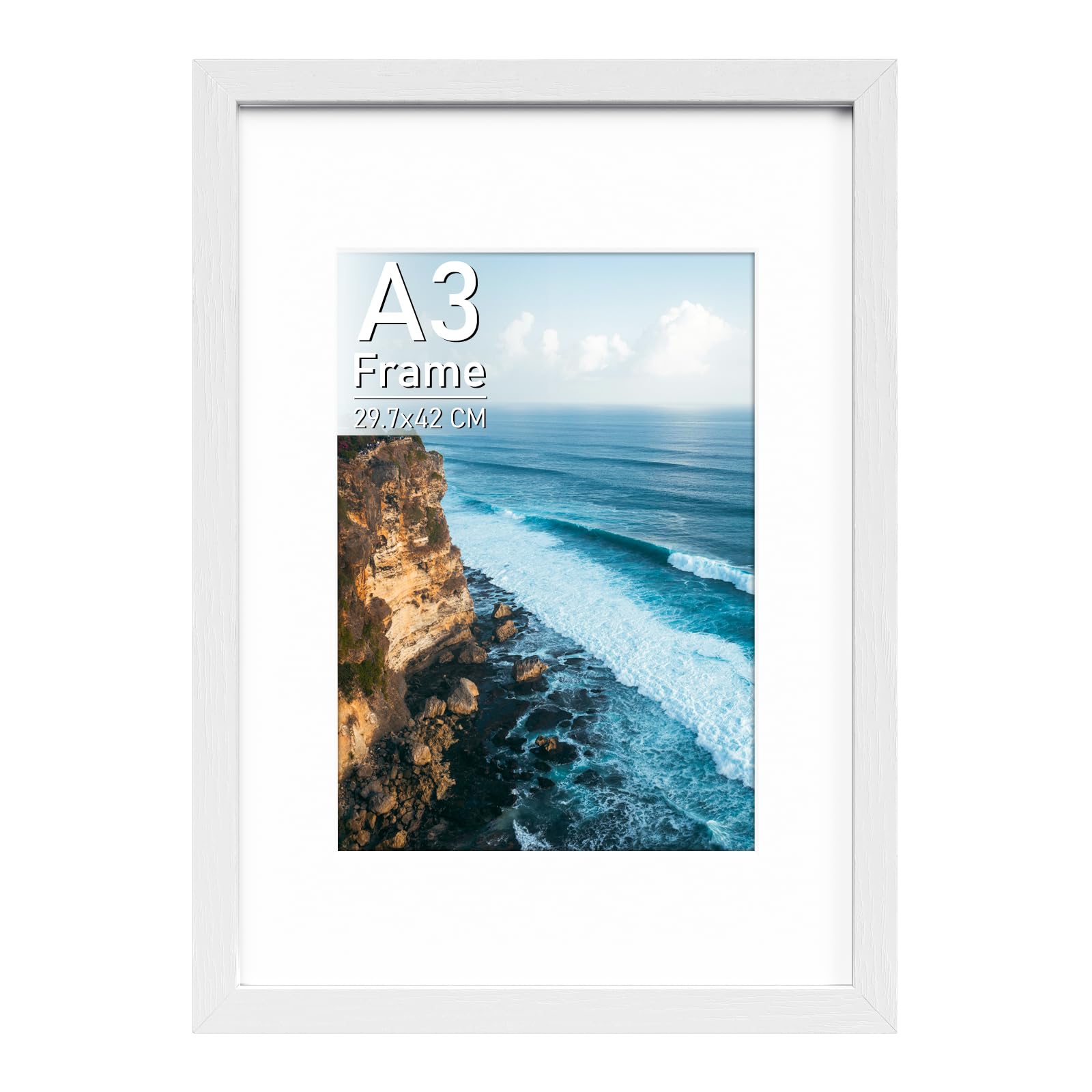 Histarzeda Wooden A3 Picture Frame 29.7 x 42 cm, A3 Frame for A3/A4 Print, A3 Frames for Family Photos Wall Display Horizontally or Vertically in Home, Bedroom, Office Decor (White)