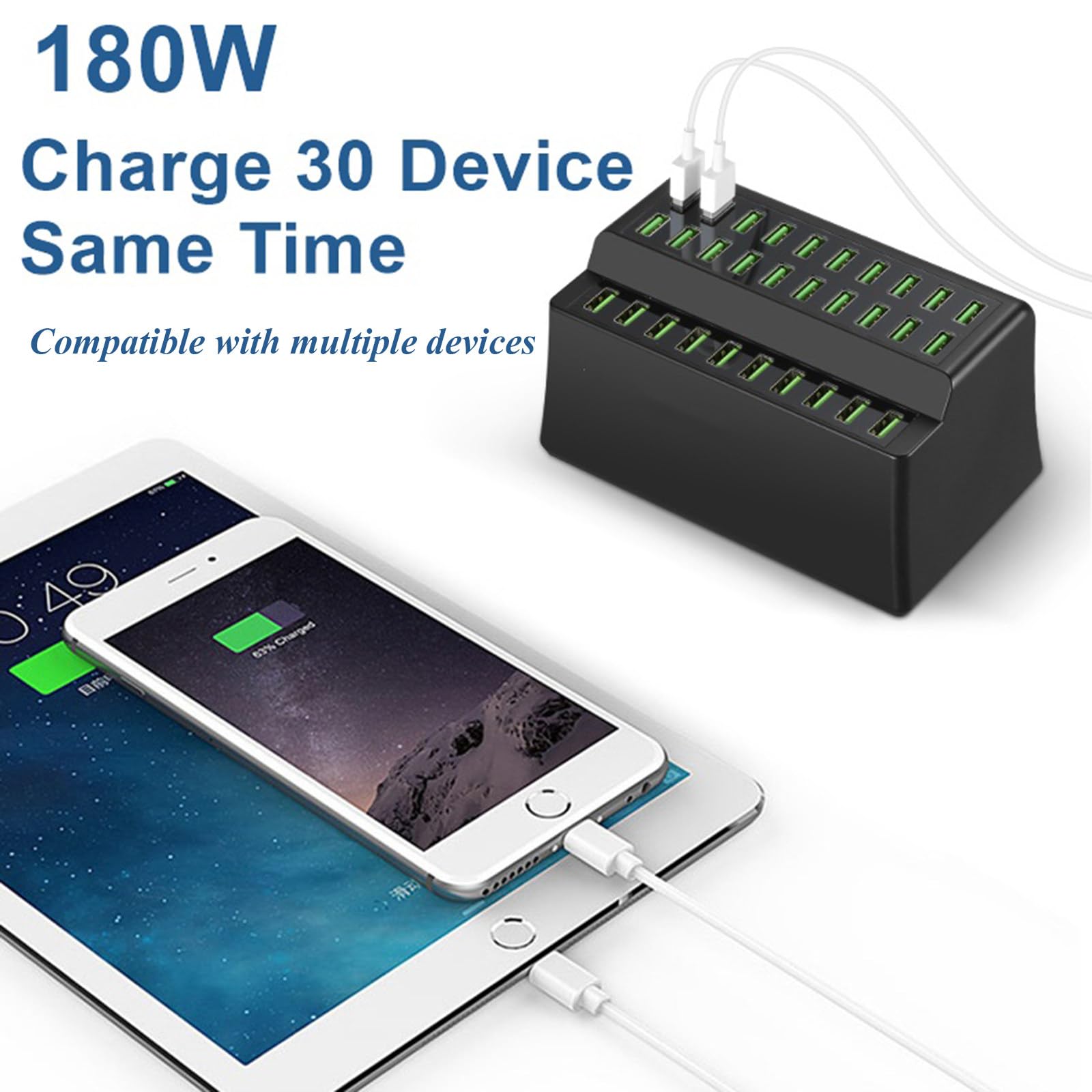 Caricabatterie multiplo USB da 180 W, stazione di ricarica USB 60 multiporta compatibile con IOS Android, per telefoni cellulari, computer