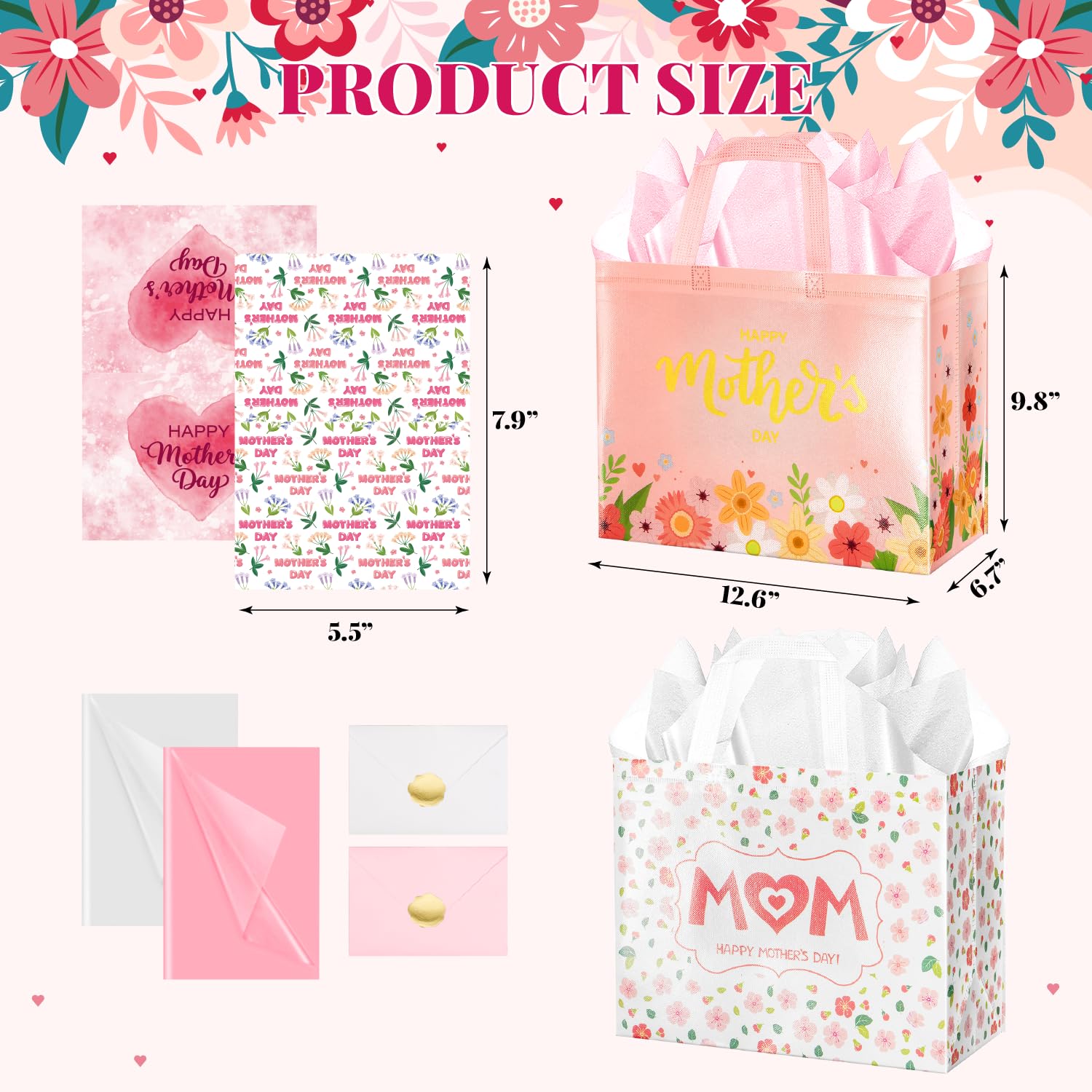 Jaywayang 2Pcs 12.6" Happy Mother's Day Gift Bags with Tissue Paper, Envelope and Card, Reusable Non-Woven Bag with Handles for Mother's Day Party Supplies