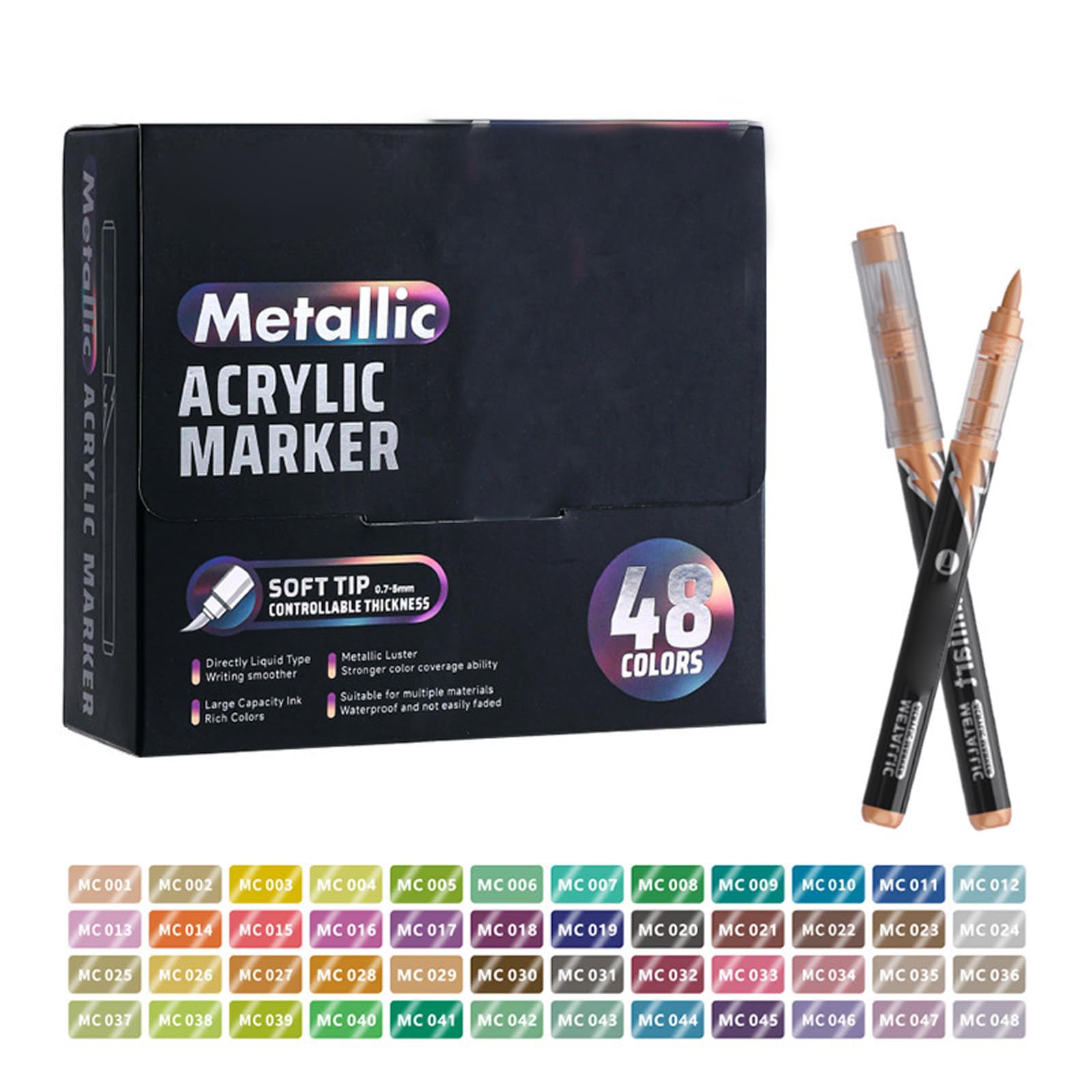 48-Farben Metallic Acrylfarbmarker mit weicher Pinselspitze, Acrylmarker für Modellmalerei, Journaling und Skizzieren Kunstmarker auf Wasserbasis