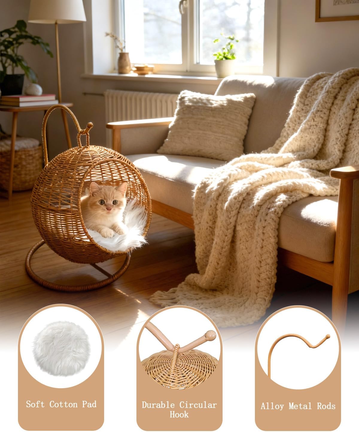 Wicker Cat Bed Indoor & Outdoor, Handwoven PP Rattan Cat Swing Bed with Removable Washable Cushion, Breathable Waterproof Cat House for Cats & Small Dogs (Small–11.4" L × 18.9" H)