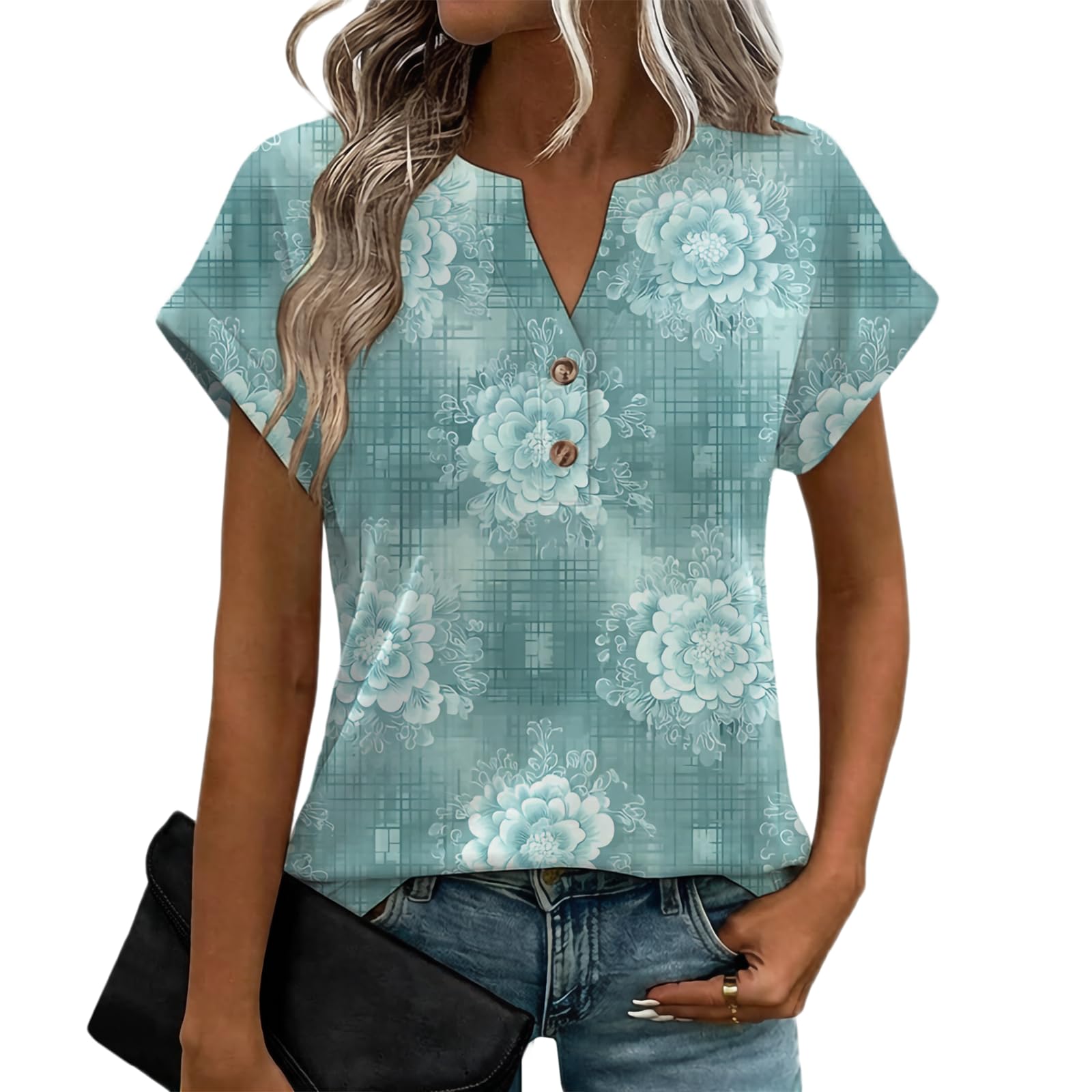 Floral Print Top for Women Split V Neck Buttoned Rolled Cuff Short Sleeve Soft Comfy Loose Blouse for Spring Beach Vacation,2XL
