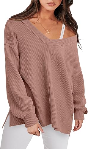 ANRABESS Camisas de manga larga de gran tamaño para mujer, sudadera con hombros descubiertos, holgada, cuello en V, suéter alto y bajo 2025