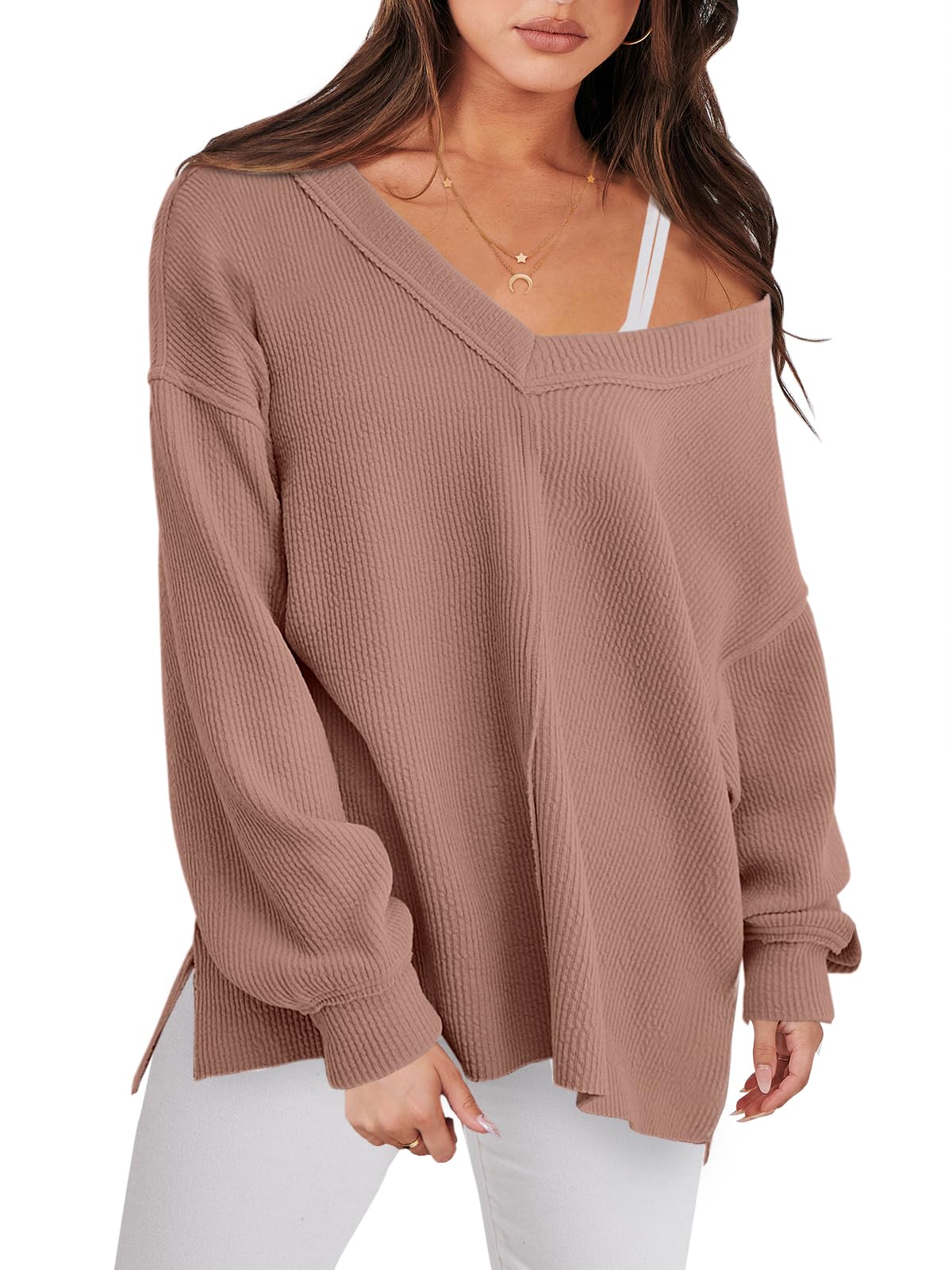 ANRABESS Women Long Sleeve Shirt V Neck Off Shoulder Oversized Knit