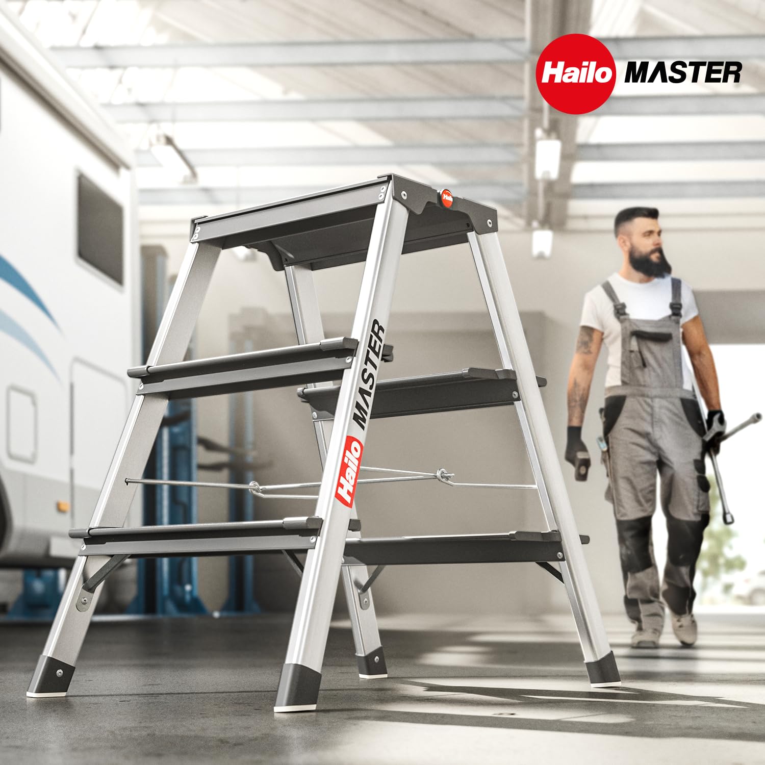 Hailo Master D70 Aluminium Doppelstufen-Trittleiter – kompakte & beidseitig begehbare Klappleiter - Rutschhemmende Stufen & gummierte Füßen - 2 x 3 Stufen - EN 14183 geprüft - belastbar bis 150 kg