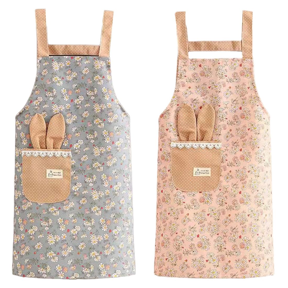 LEEQ 2pcs Delantales de Cocina para Mujeres - Delantales Florales para Cocinar Hornear Jardinería, Delantal de Chef Vintage con Bolsillos, Lindo Regalo de Cumpleaños para Mamá Esposa Abuela