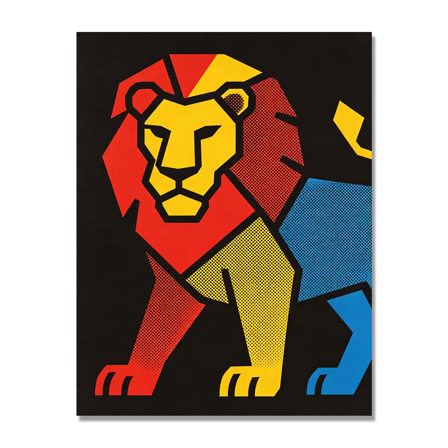 GYSDKUS Pop Art Lion Wall Art, Vibrant Red, Yellow and Blue Halftone Print, Bold Animal Portrait Poster. M01. 70x90cm-28x35in. Frameless