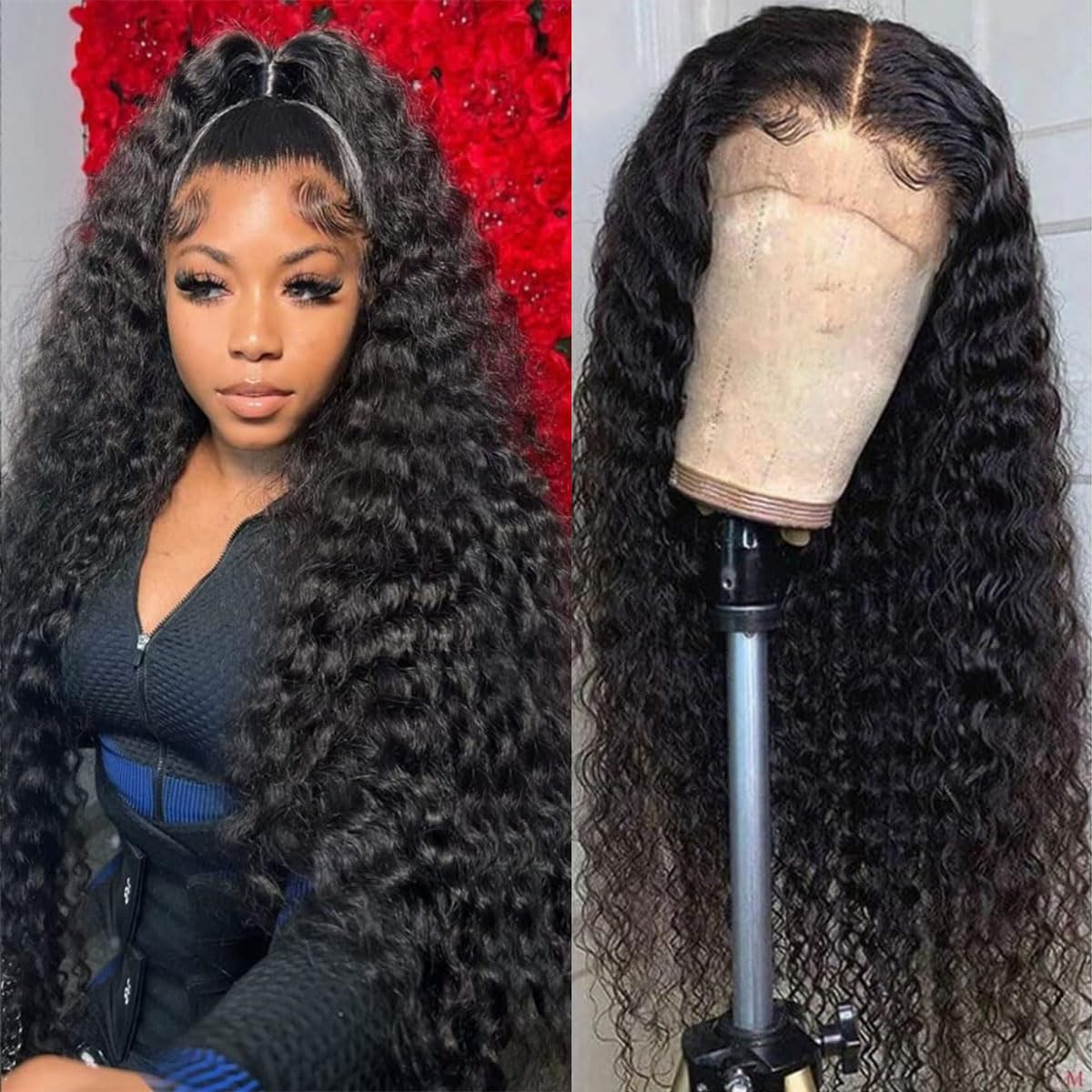 Pinketer Deep Wave Lace Front Wigs Human Hair 180% Density Curly Wig 13x4 Lace Frontal Wet and Wavy Wigs for Black Women with Baby Hair and Special
