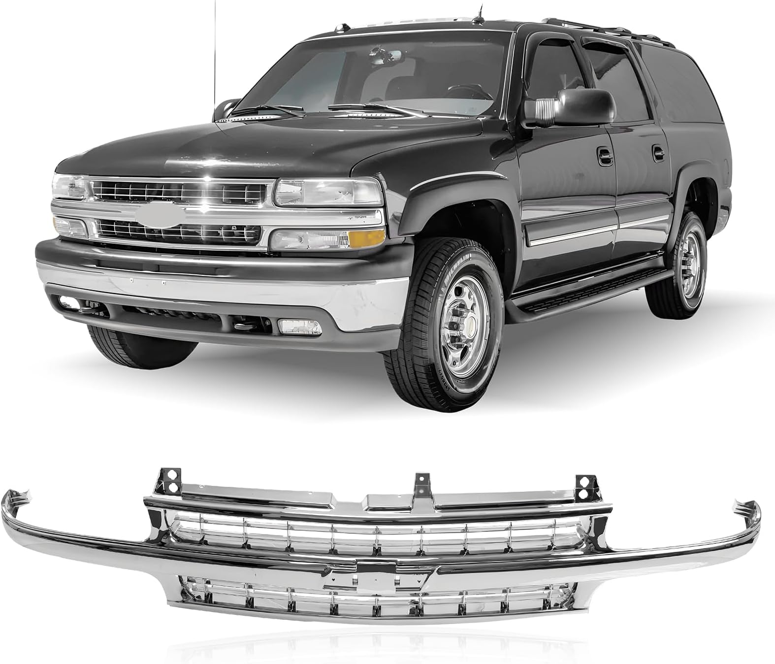 Front Grille Shell and Insert Compatible With Chevrolet Chevy Silverado 1500 2500 1999-2002 & Suburban Tahoe 2000-2006 (Chrome Shell and Chrome Insert)