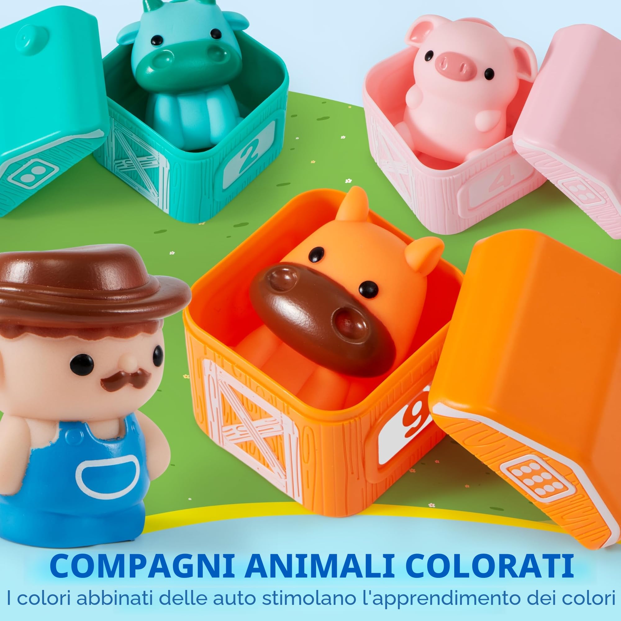 Play-Act Giocattolo Montessori, Treno Giocattolo Animali della Fattoria, Giochi Componibili con Conteggio, Abbinamento e Ordinamento, con 9 Animali e 1 Contadino,Gioco Educativo per Bambini 1-3 Anni