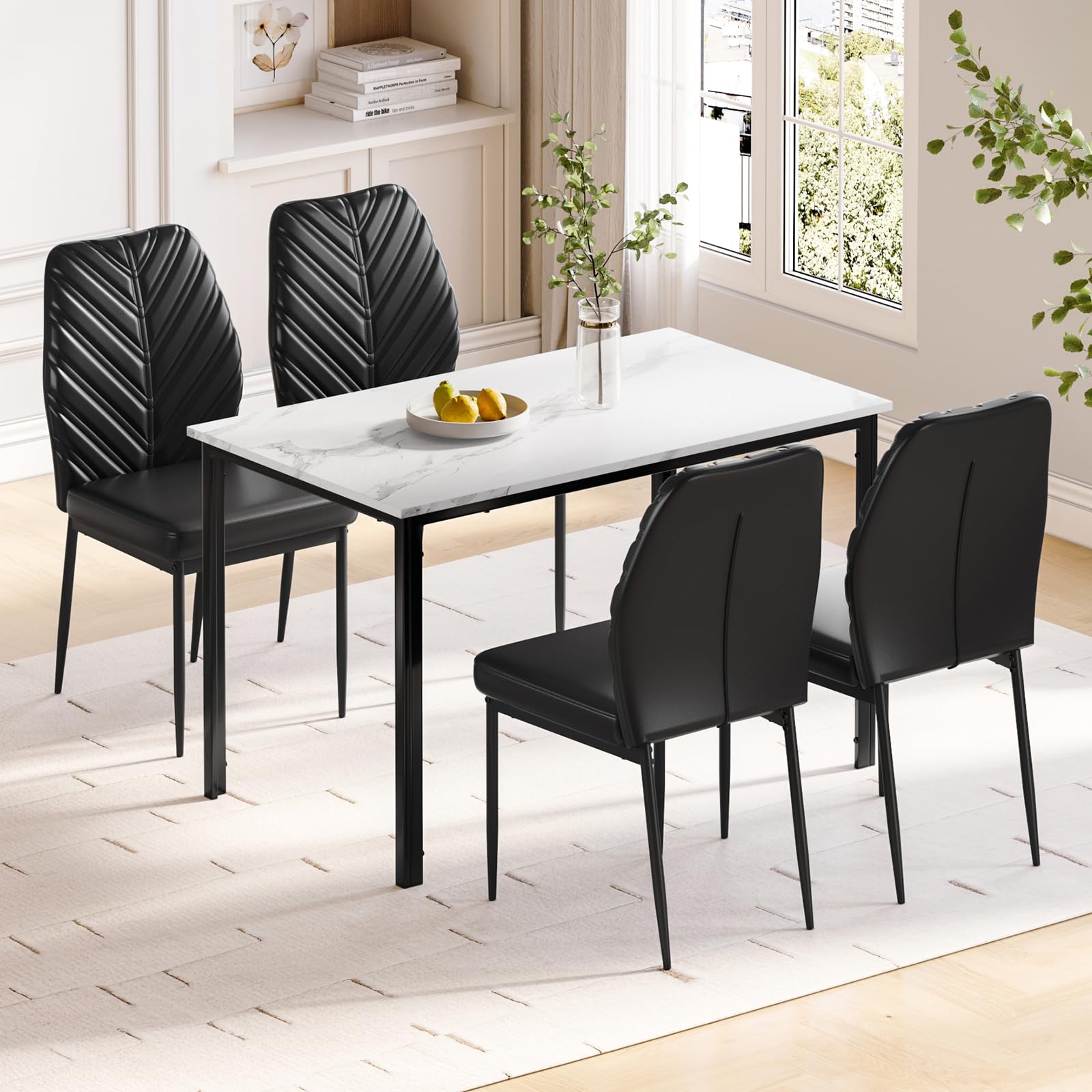 Dining Table and Chairs Set of 4, Modern Dining Table Set Kitchen Furniture, Marble Effect Dining Table with 4 PU Dining Chairs, 120x70cm Dining Room Set for Home (White&Black Leaf Pattern Chairs) — image 1