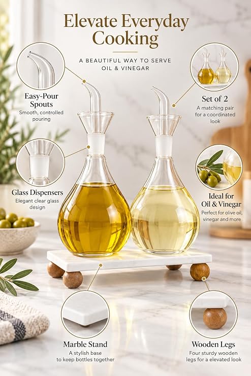 Mermer Standlı Ahşap Ayaklı 2'li Cam Yağlık Sirkelik Seti 900 ml