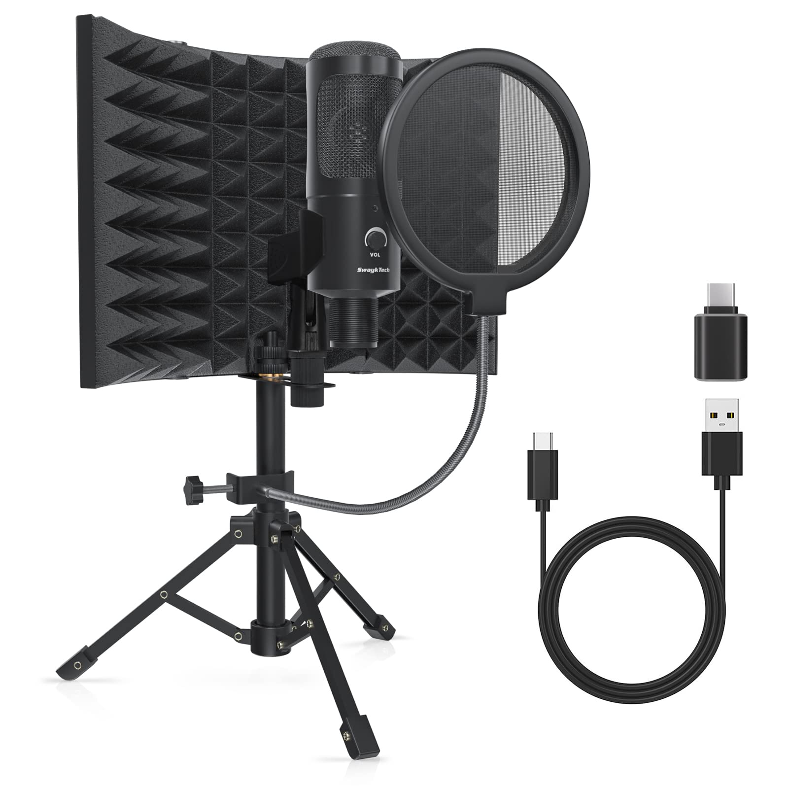 Studio Recording Microphone Isolation Shield with Pop Filter and Metal Tripod Stand, Studio Mic to PC Laptop Smartphone, Music Microphone for Recording Singing Podcasting