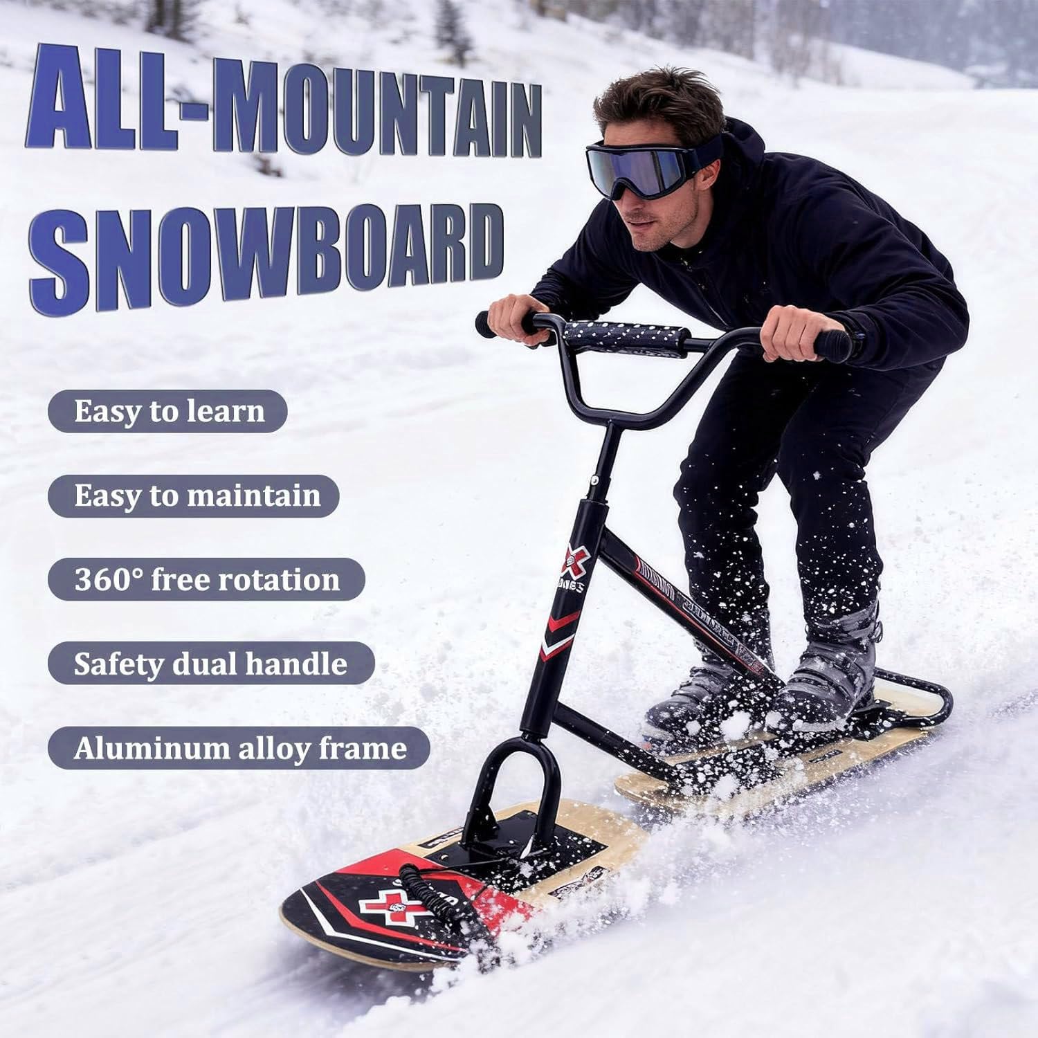 Monopattino Da Neve Girevole a 360° per Adulti E Adolescenti, Snowboard Con Design a Doppio Sci per Una Maggiore Stabilità, Slitta Invernale Adatta a Tutti I Terreni, Peso Massimo 330 Libbre B