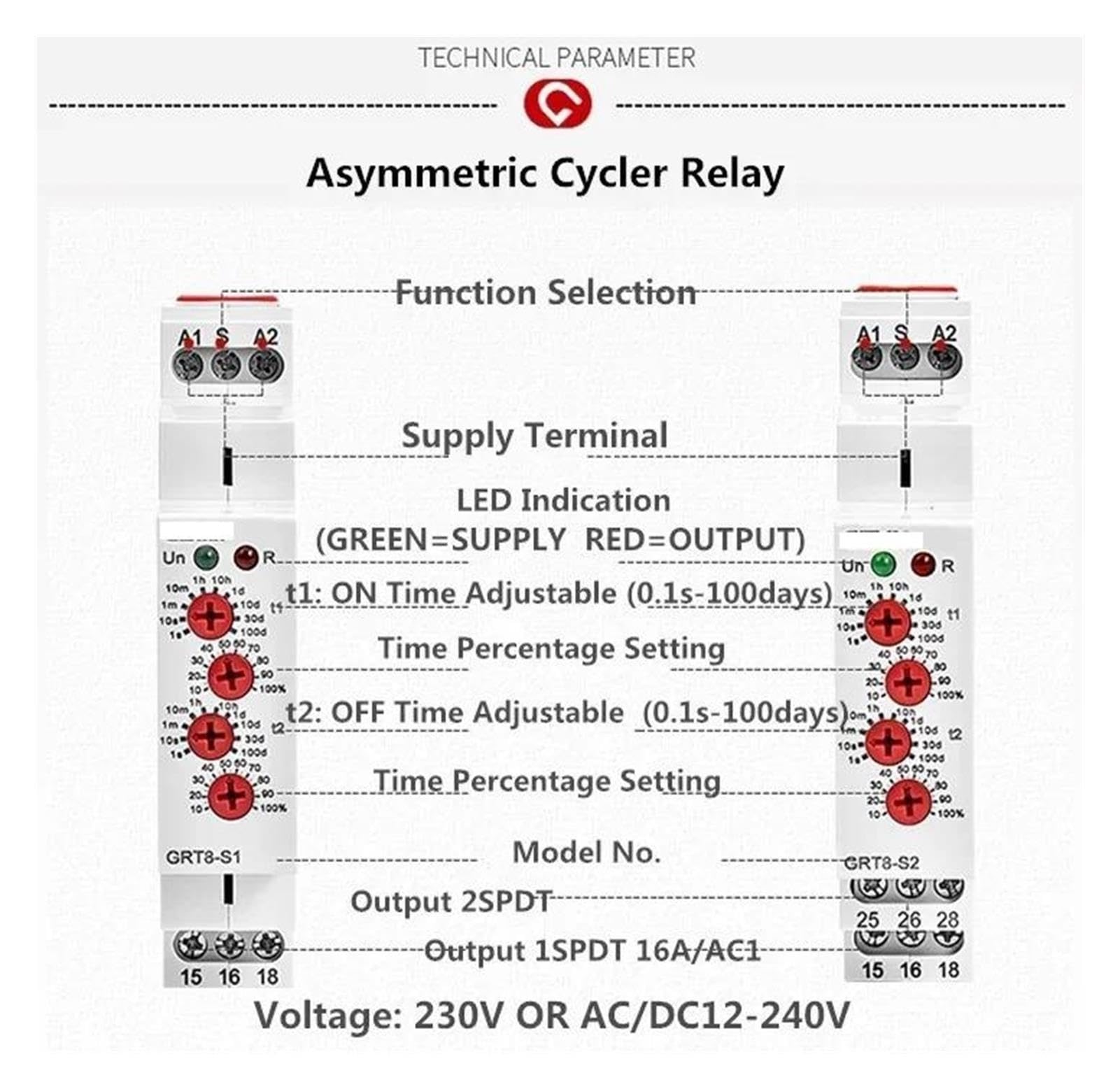 GRT8-S Asymmetric Cycle Timer Relay SPDT 220V 16A AC/DC12V-240V Electronic Repeat Relay(GRT8-S2 AC230V)