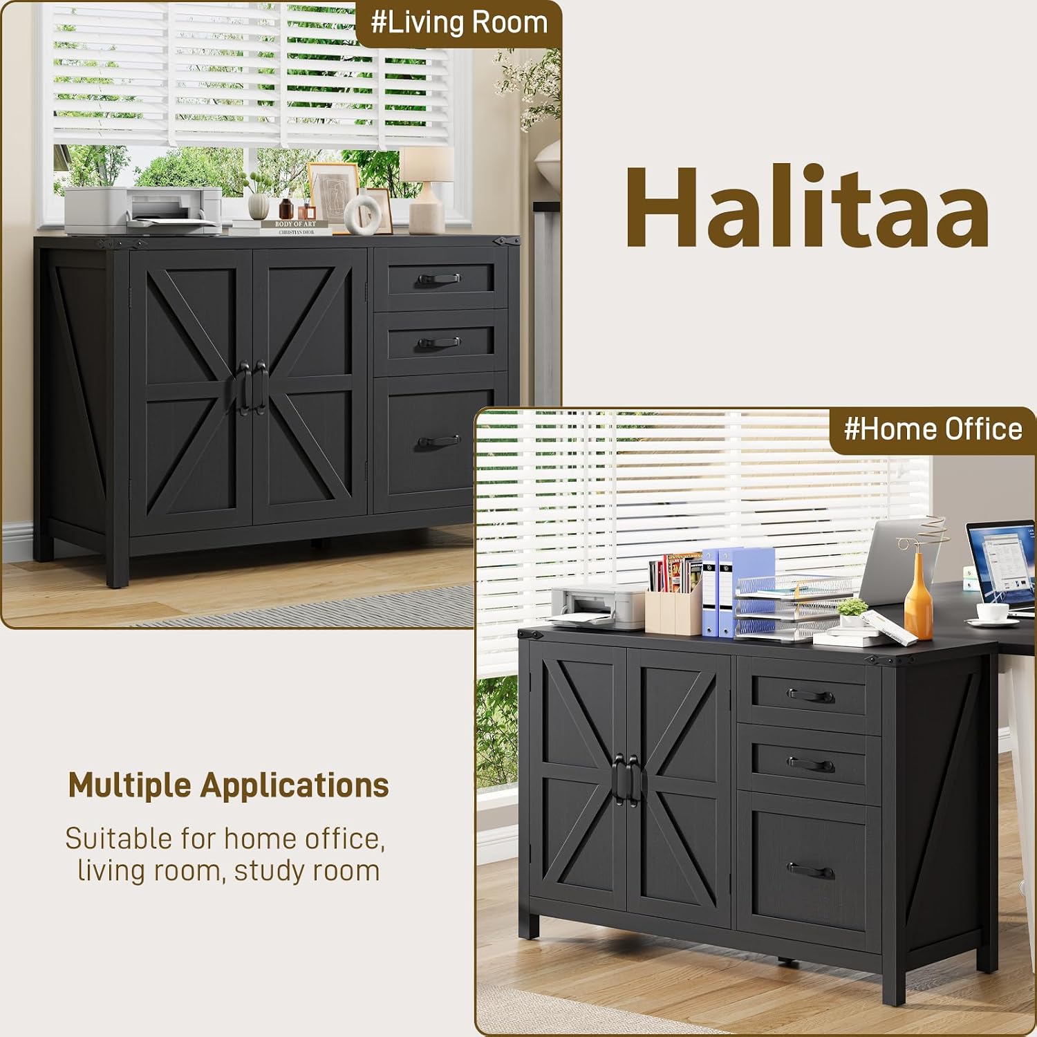 Halitaa 3 Drawer File Cabinet, Farmhouse Lateral Filing Cabinet with Doors for Letter/A4 Size Hanging Files, Large Wood Storage Cabinets Printer Stand with Adjustable Shelf for Home Office, Black