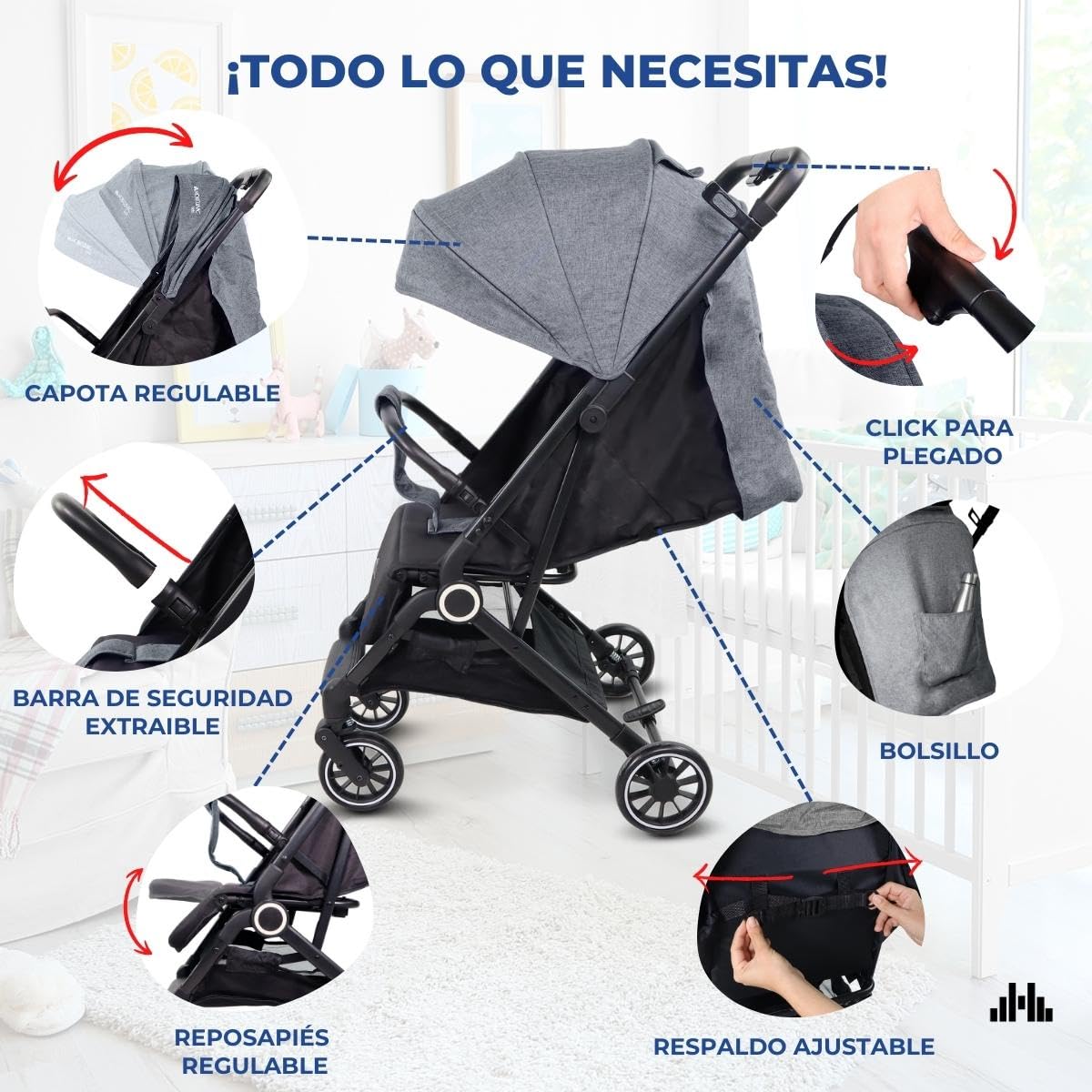 Mobiclinic®, Silla de Paseo, Ultraligero, Arnés con 5 Puntos, Manillar Monomando, Carrito Bebé Plegable, Cesta, 0-36 meses, Ajustable, Capota Desplegable, Frenos con Bloqueo, Trip