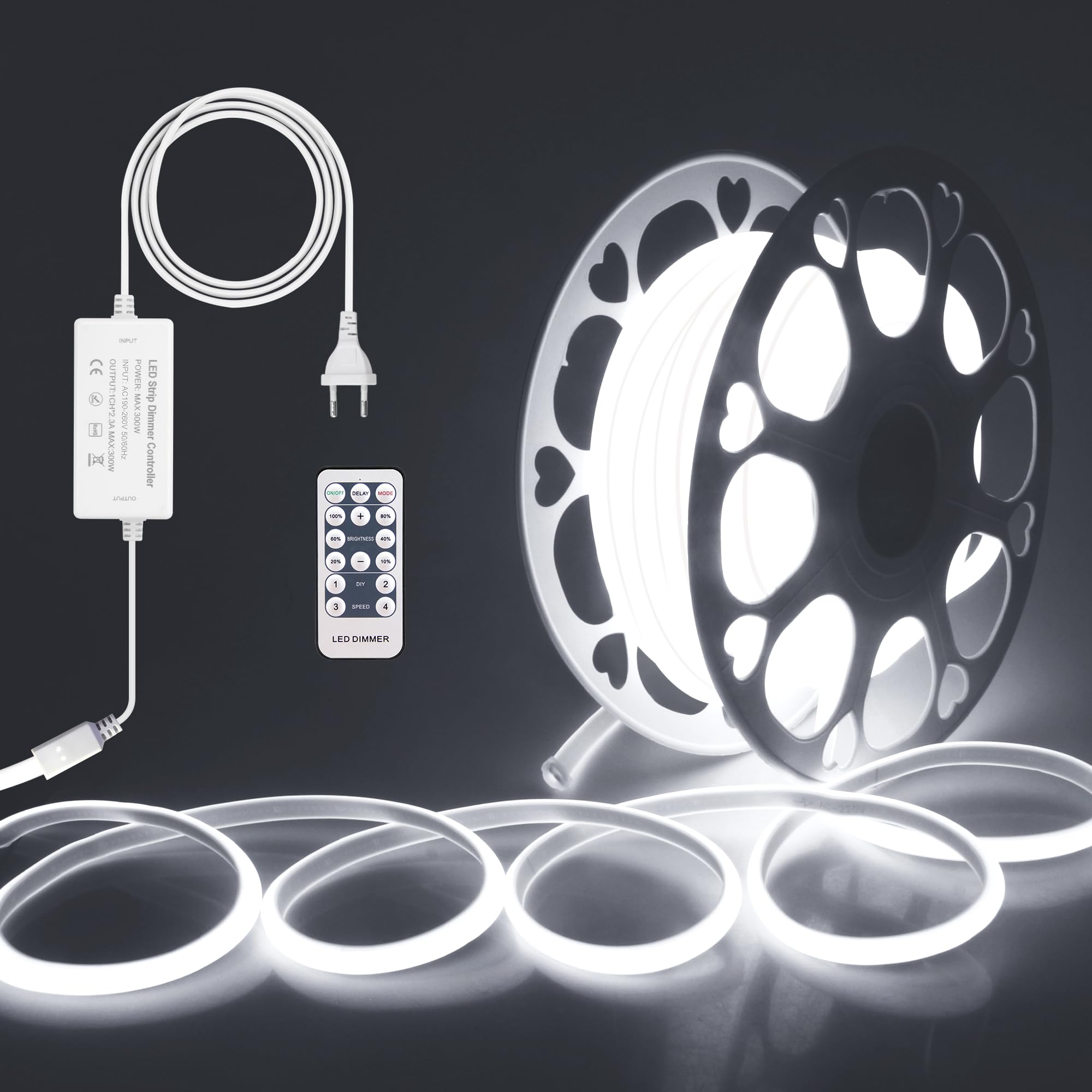 ALITOVE 20M COB LED Streifen 230V Direktanschluss Kaltweiß 6000K LED Band Dimmbar 5760LEDs Strip mit RF-Fernbedienung für Heimwerker-Innenbeleuchtung Heimdekoration