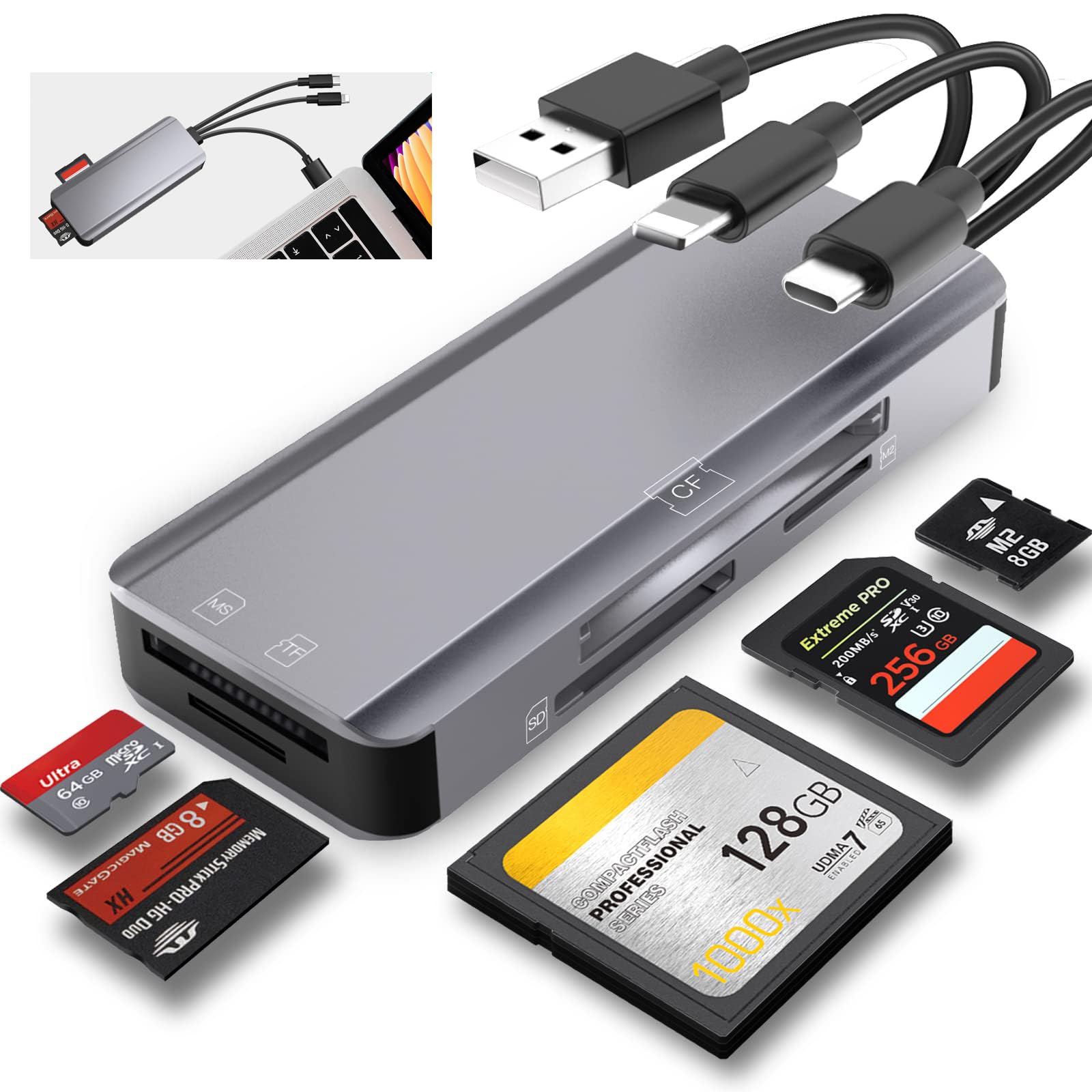 TERRIFI 5 in 1 Multi Memory Card Reader, Aluminum SD/TF/CF/MS/M2/Micro SD Adapter for iPhone/iPad, USB C and USB A Devices, No Application Required, Plug and Play