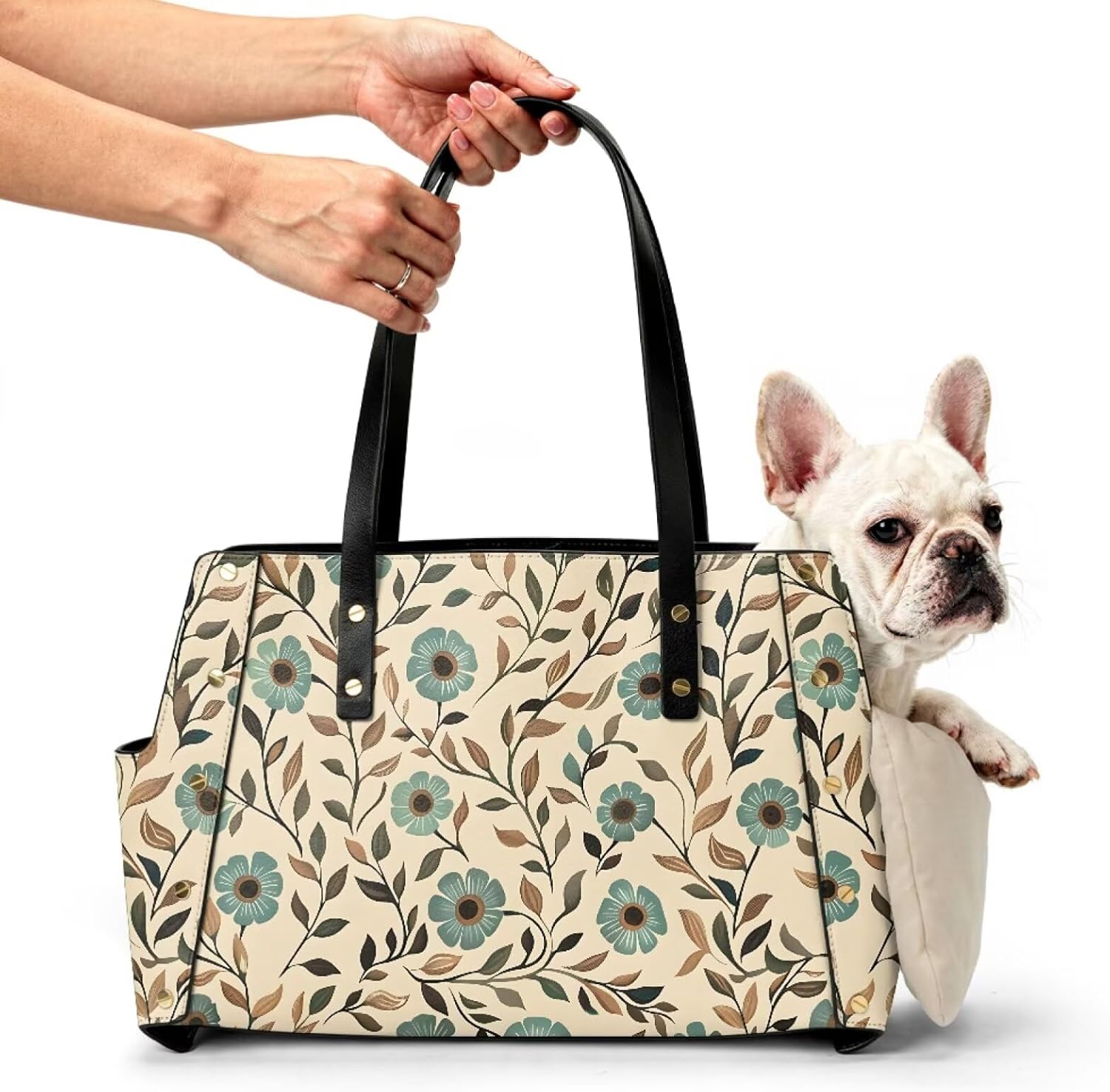 Flower Print Pet Carrier for Small Dogs, Waterproof Leather Dog Carriers Purse, Stylish Portable Dog Tote Bags for Women Daily Use