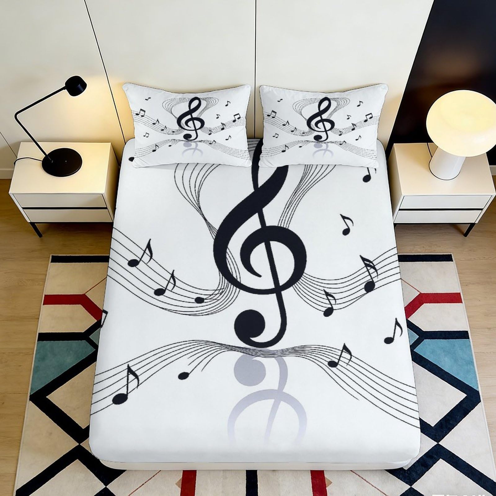 3D Printed Musical Note Fitted Sheet Microfiber Non Slip Music Staff Mattress Cover for Bedroom Dorm Decor Easy Care 90x200x25cm
