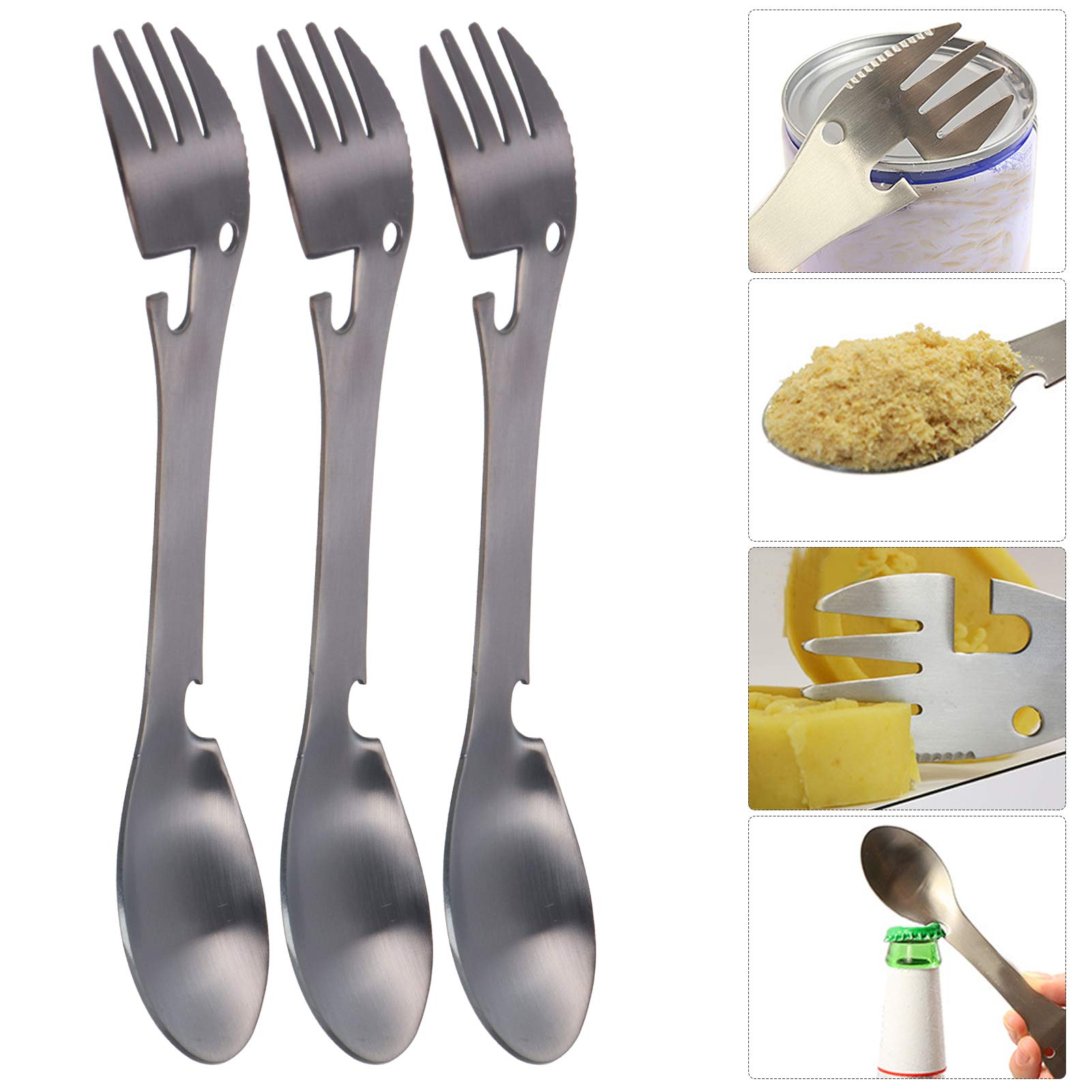 5 in 1 Camping Utensils,Tactical Spork Camping Spork Portable Flatware Stainless Steel Silverware Fork Spoon Bottle Opener Knife Can Opener Combo for Outdoor Picnic Hiking Fishing Backpacking