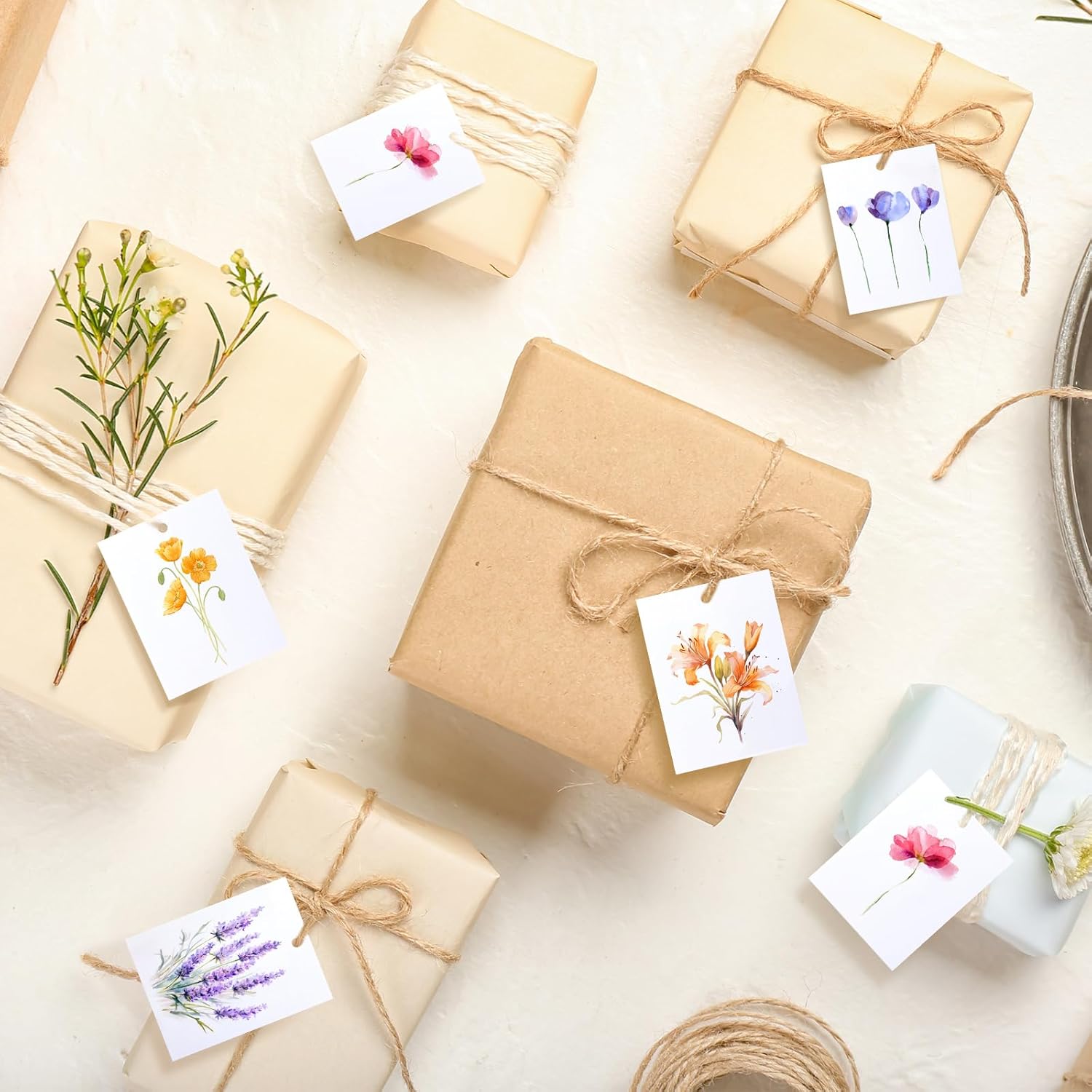 50 Set Floral Blank Gift Tags with String, 2 x 3 in Watercolor Floral Gift Paper Tags Hanging Label Set for 5 Flower Designs for Bridal Baby Shower Party Supplies(Boho,Artsy Style) - Image 4