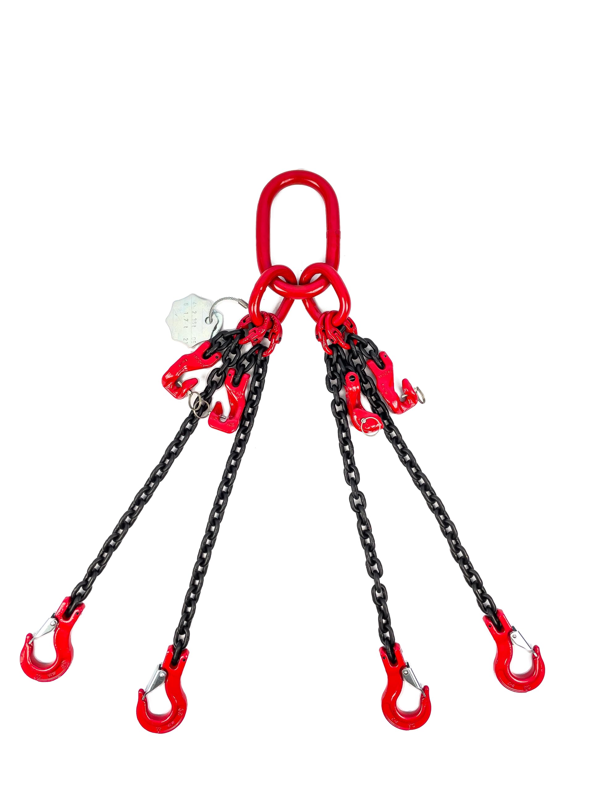 Dolezych DoKett 4-Strang Kettengehänge, verkürzbar, Güteklasse 8, 2 m Länge, Kette für Kräne, mit Gabelkopfhaken, 2360 kg Tragfähigkeit bis 45°, 1700 kg bis 60°, Rot